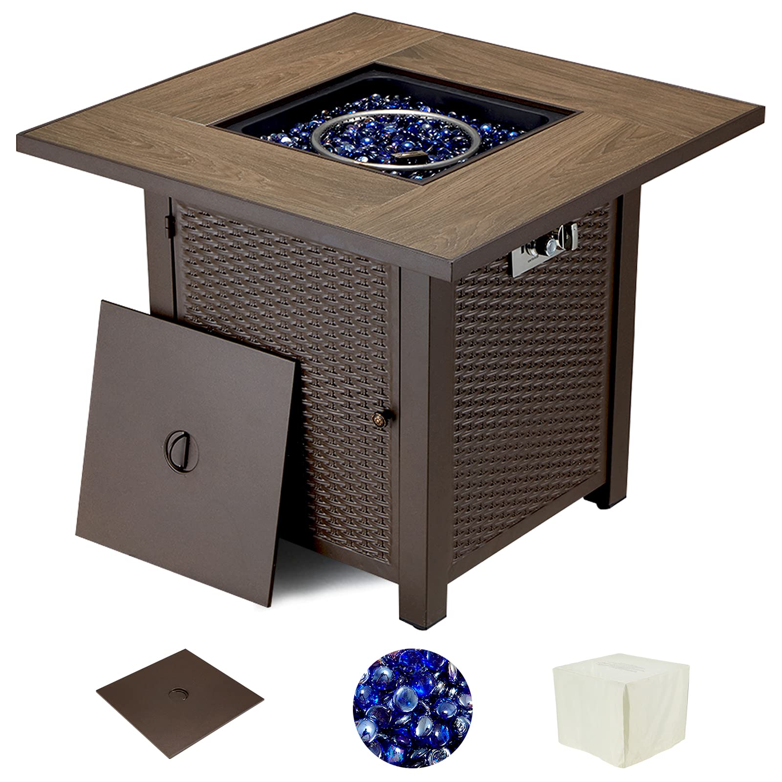 30 Inch Mdeam Outdoor Propane Fire Pit Table with Lid - 52,000 BTU, Blue Fire Glass & Waterproof Cover (Brown) - Perfect for Patio, Backyard, Garden & Camping Gatherings