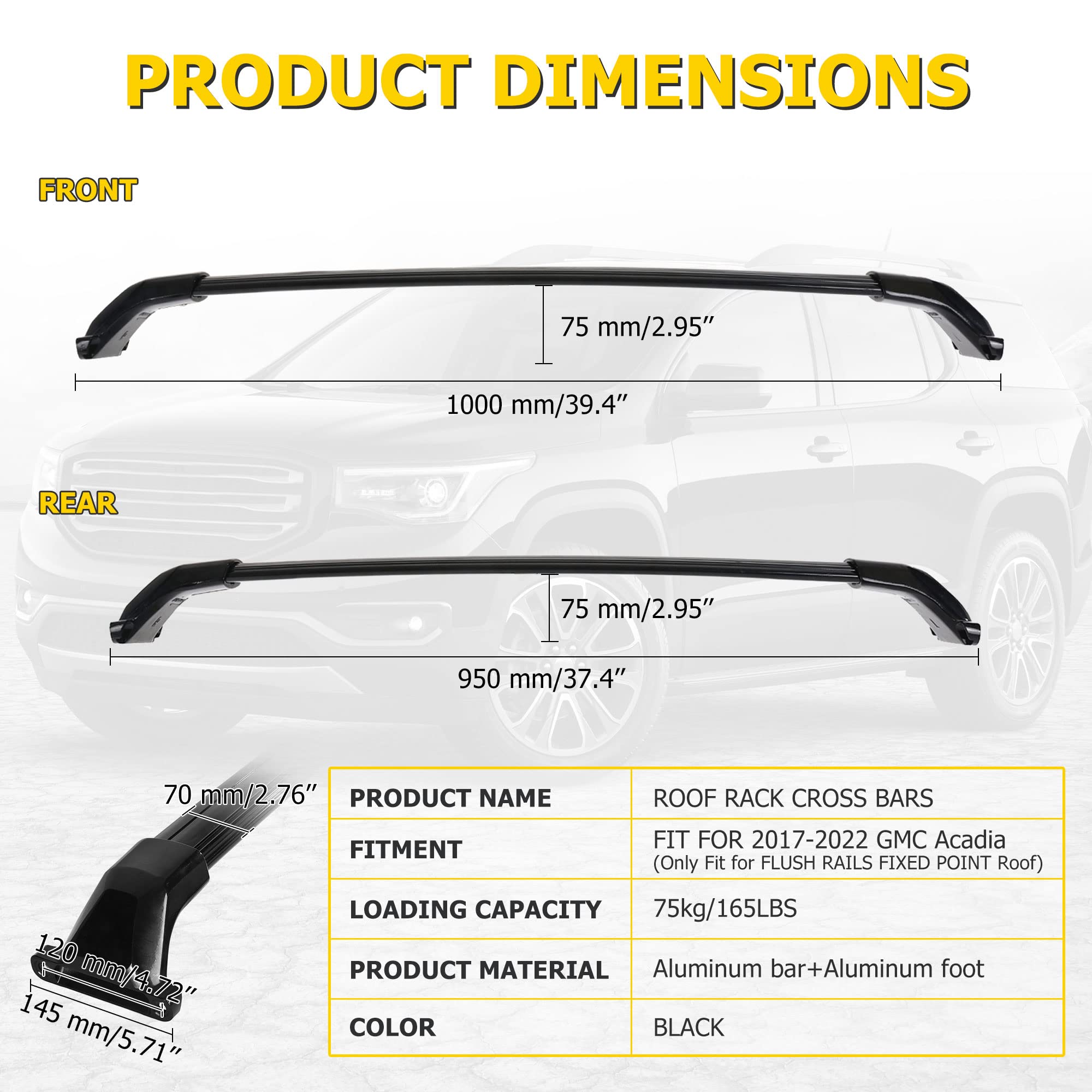 AUXMART Aluminum Roof Rack Cross Bars for 2017-2023 GMC Acadia - 165LBS Capacity, Bright Black Cargo Bars for One-Piece Side Rails (with Fixed Points) | Perfect for Road Trips, Camping Gear & Outdoor Adventures