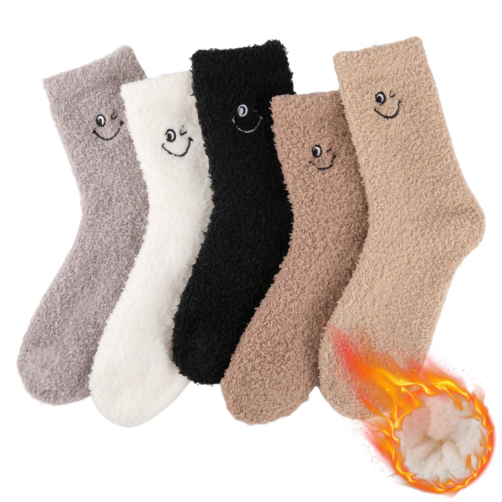 COOVAN Women's Fuzzy Socks - 5 Pairs Ultra Soft Plush Winter Warm Slipper Socks for Home, Sleeping & Cabin Wear - Cozy Fluffy Non-Slip House Socks for Women