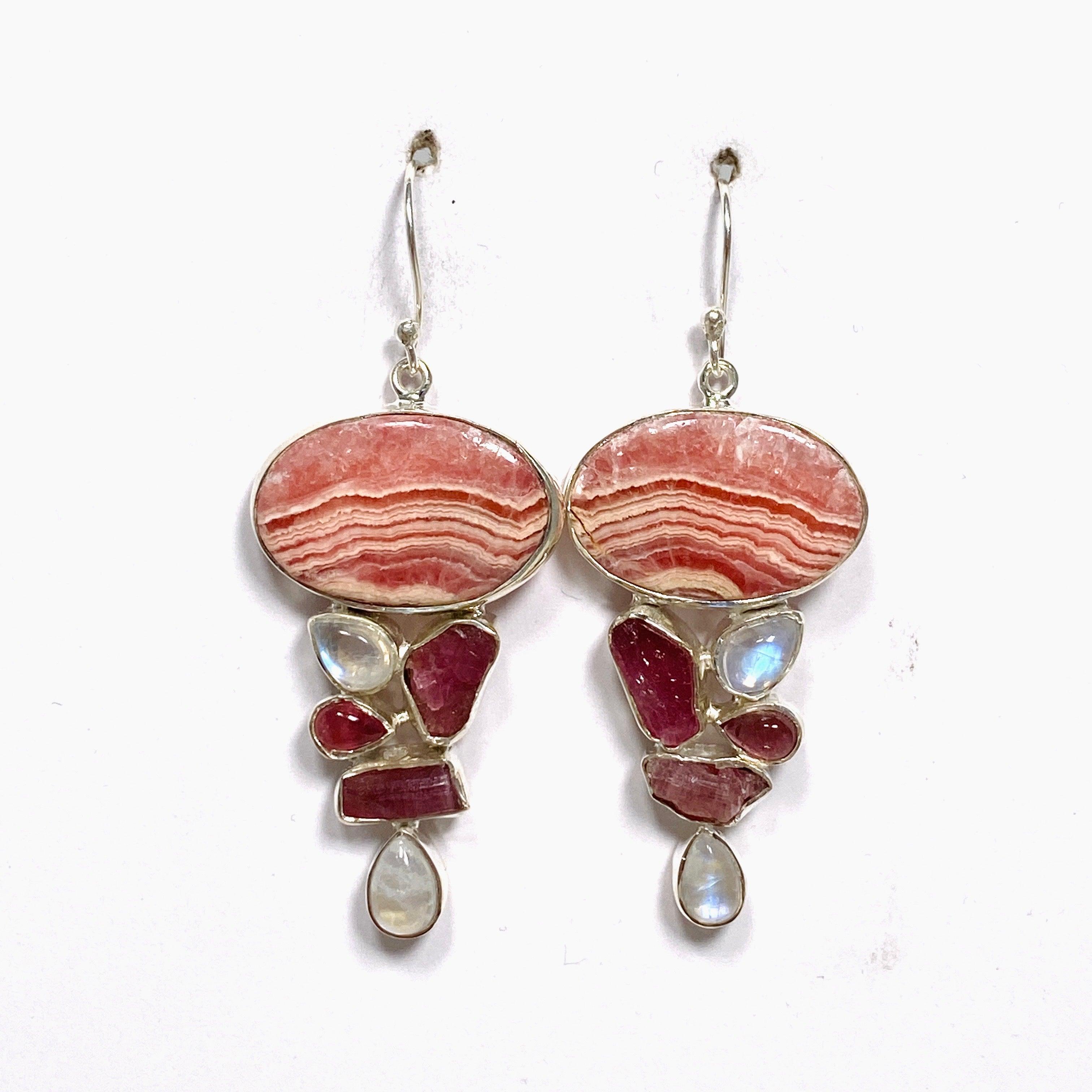 Rhodochrosite Moonstone Pink Tourmaline Multistone Dangle Earrings KEGJ1464 - Elegant Gemstone Jewelry for Women, Perfect for Weddings & Special Occasions
