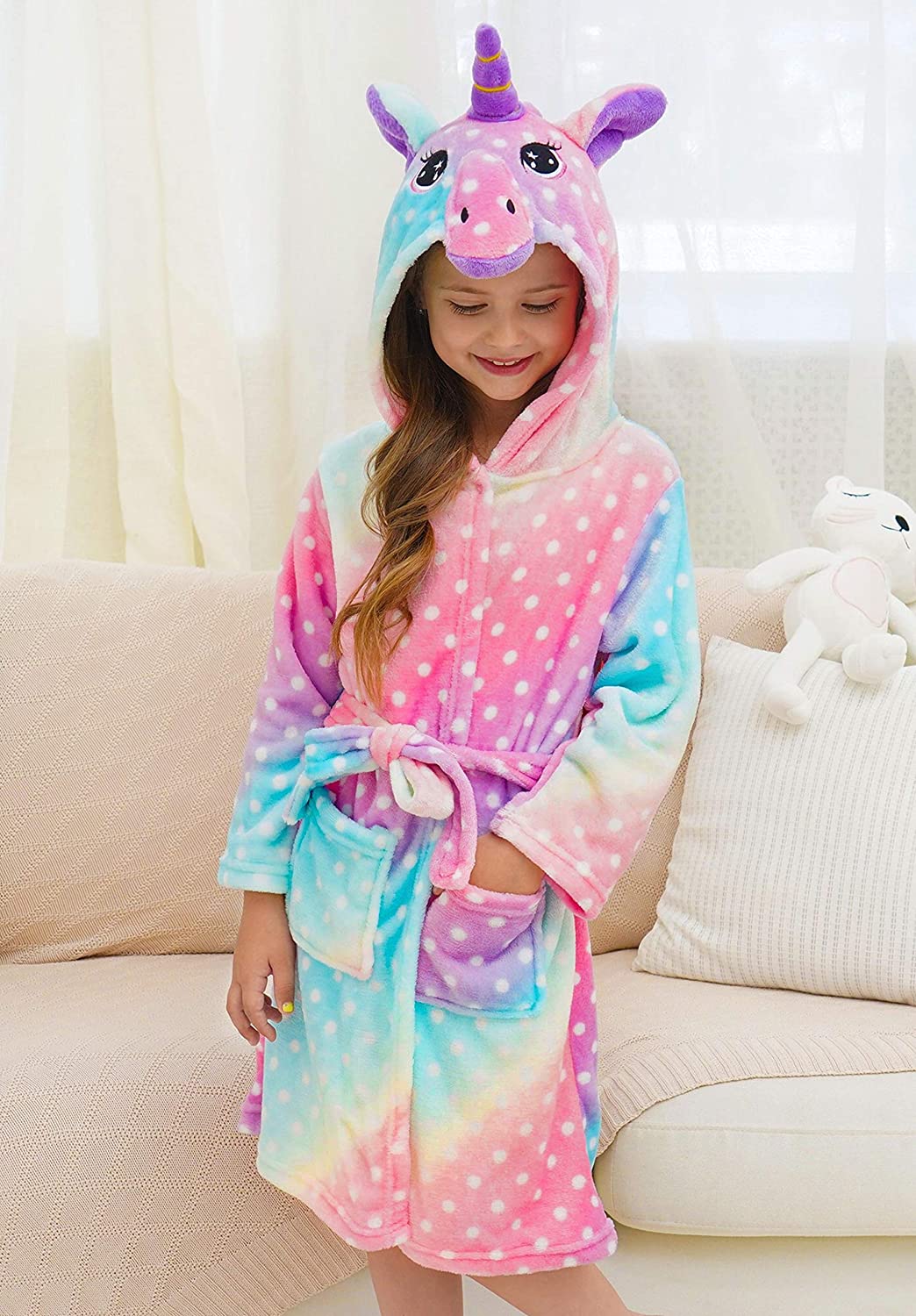 Soft & Cozy Unicorn Dots Bathrobe for Women & Girls - Plush Fleece Robe with Hood for Spa, Lounge & Relaxation at Home