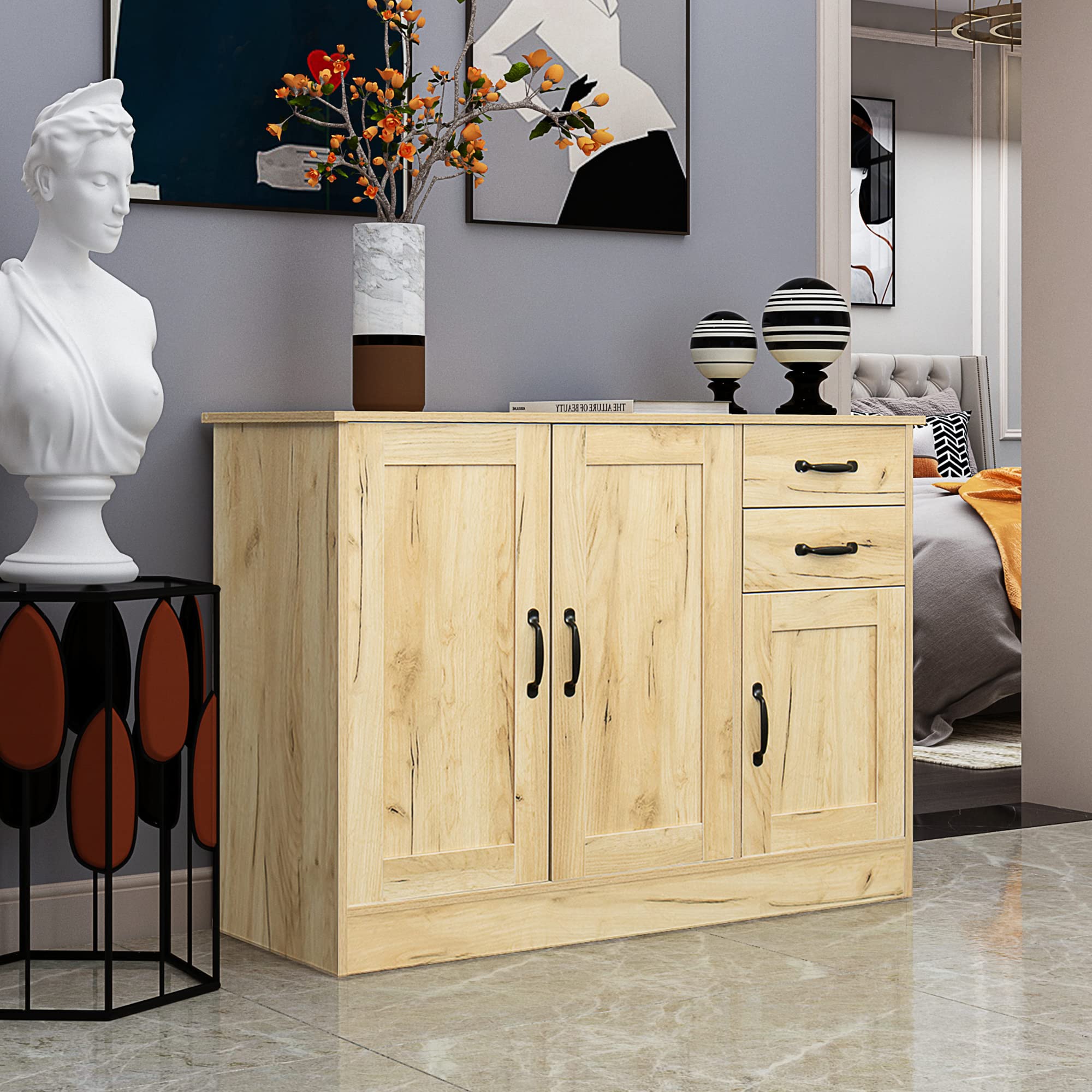 Farmhouse Style Distressed Oak Wood Buffet Sideboard with Adjustable Shelves - Kitchen Storage Cabinet, Entryway Console Table, Dining Room Server - Perfect for Farmhouse Decor & Home Organization