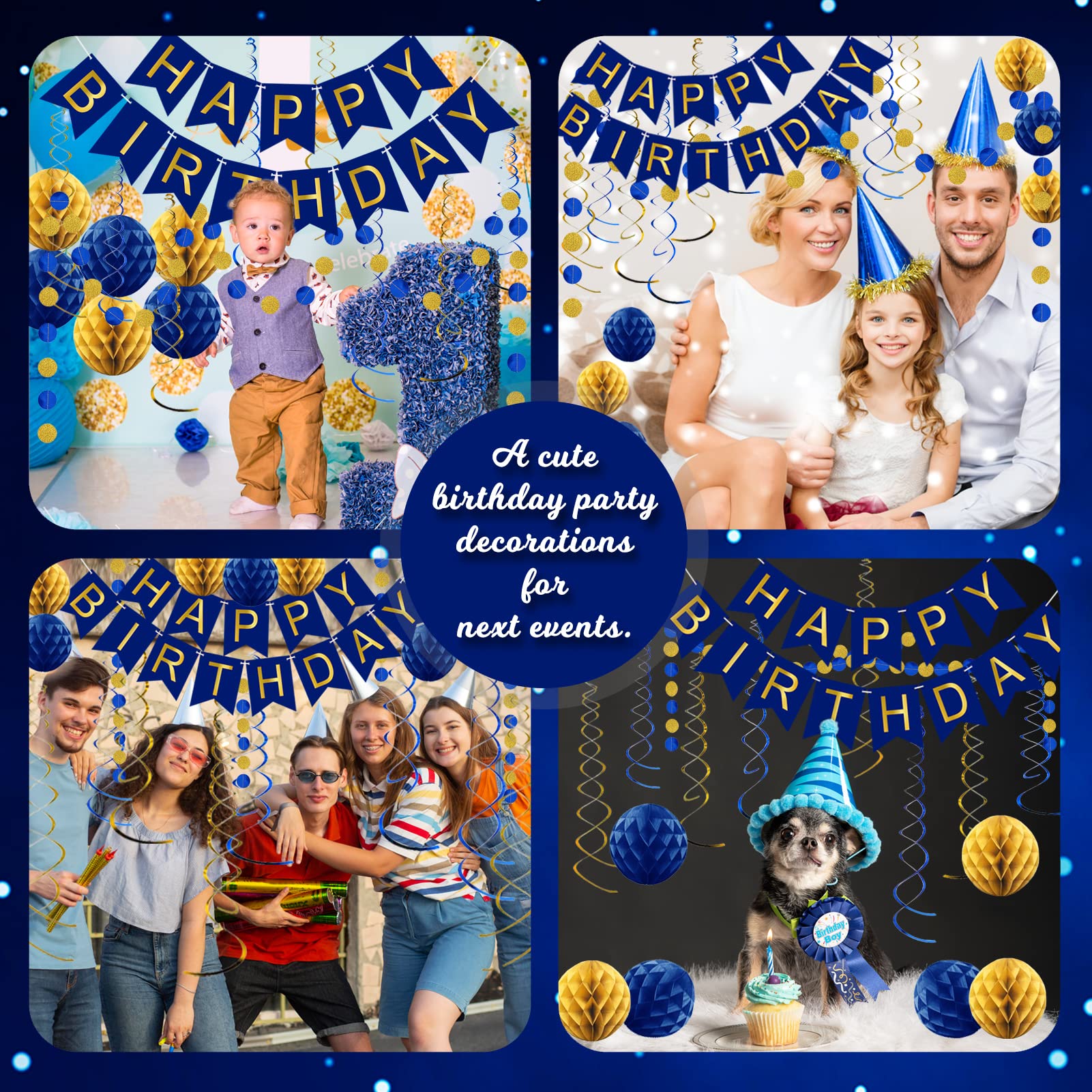 Navy Blue Birthday Party Decorations Set - Happy Birthday Banner, Paper Honeycomb Balls, Circle Garland & Hanging Swirls - Perfect for Men's Birthday, Anniversary & Graduation Celebrations