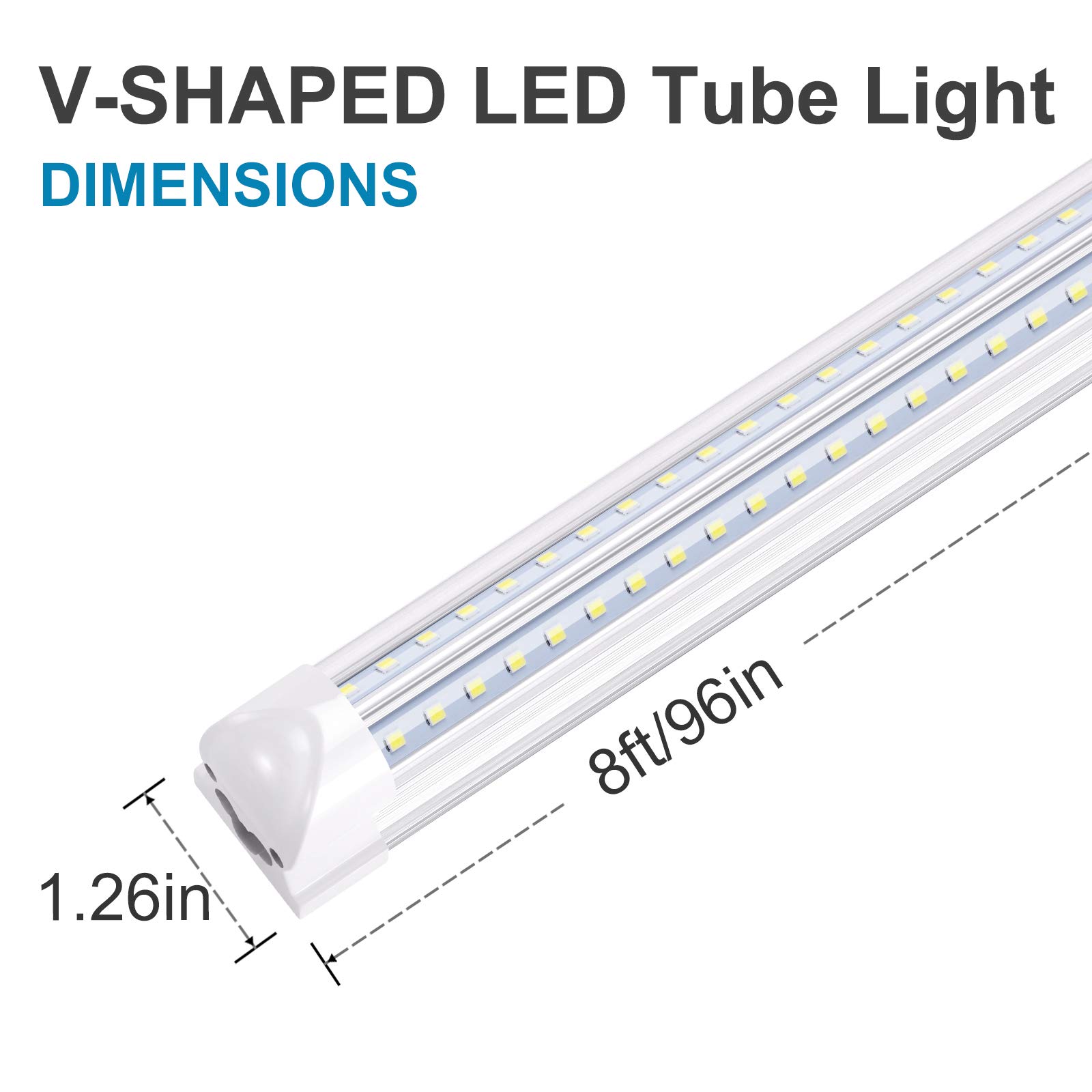 8ft V Shape LED Tube Light - 72W 7200LM Linkable Shop Light with SMD2835 Chips, 6000K Cool White, AC85-277V (25 Pack) - Perfect for Warehouses, Garages, and Commercial Refrigerator Lighting