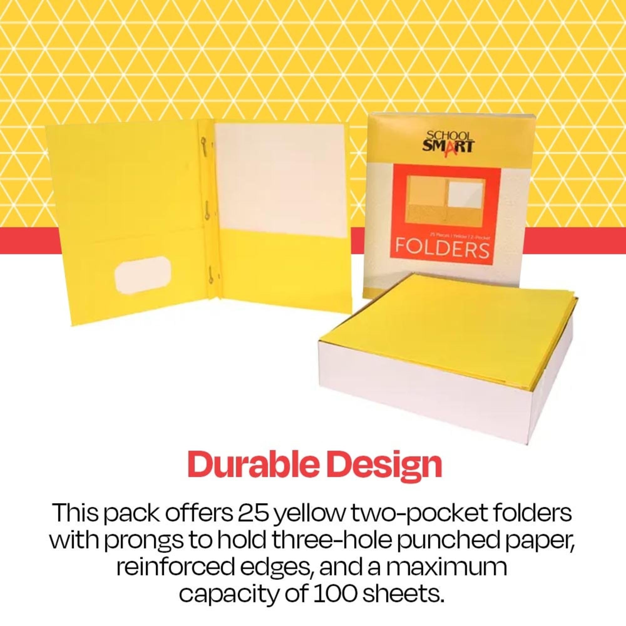 School Smart 2-Pocket Folders with Fasteners - Yellow, Pack of 25 | Durable School & Office Supplies for Organizing Papers, Homework & Documents