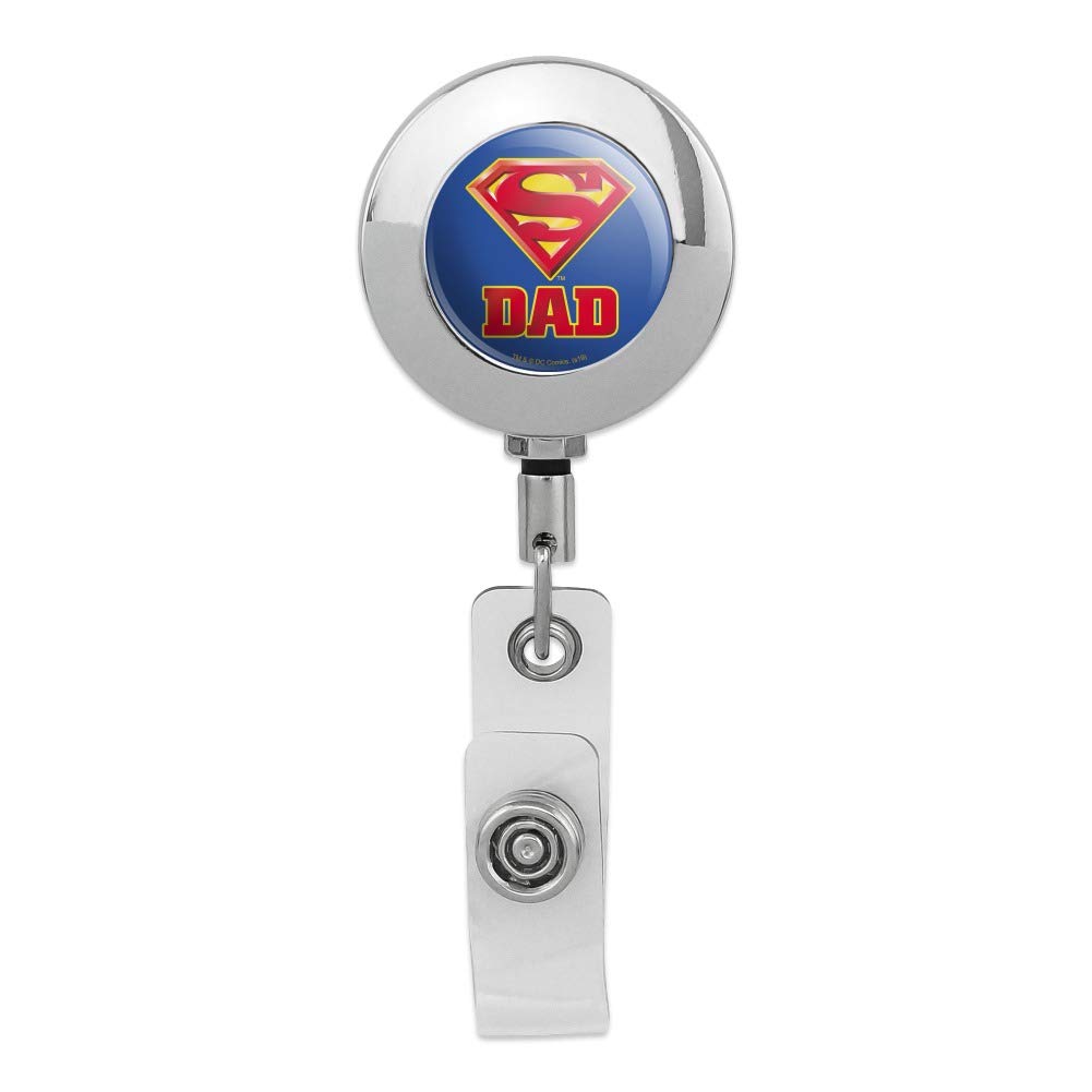Superman Super Dad Shield Logo Retractable Reel - Premium Metal Chrome Badge ID Card Holder Clip for Work, Security, and Cosplay (Superhero Accessories)