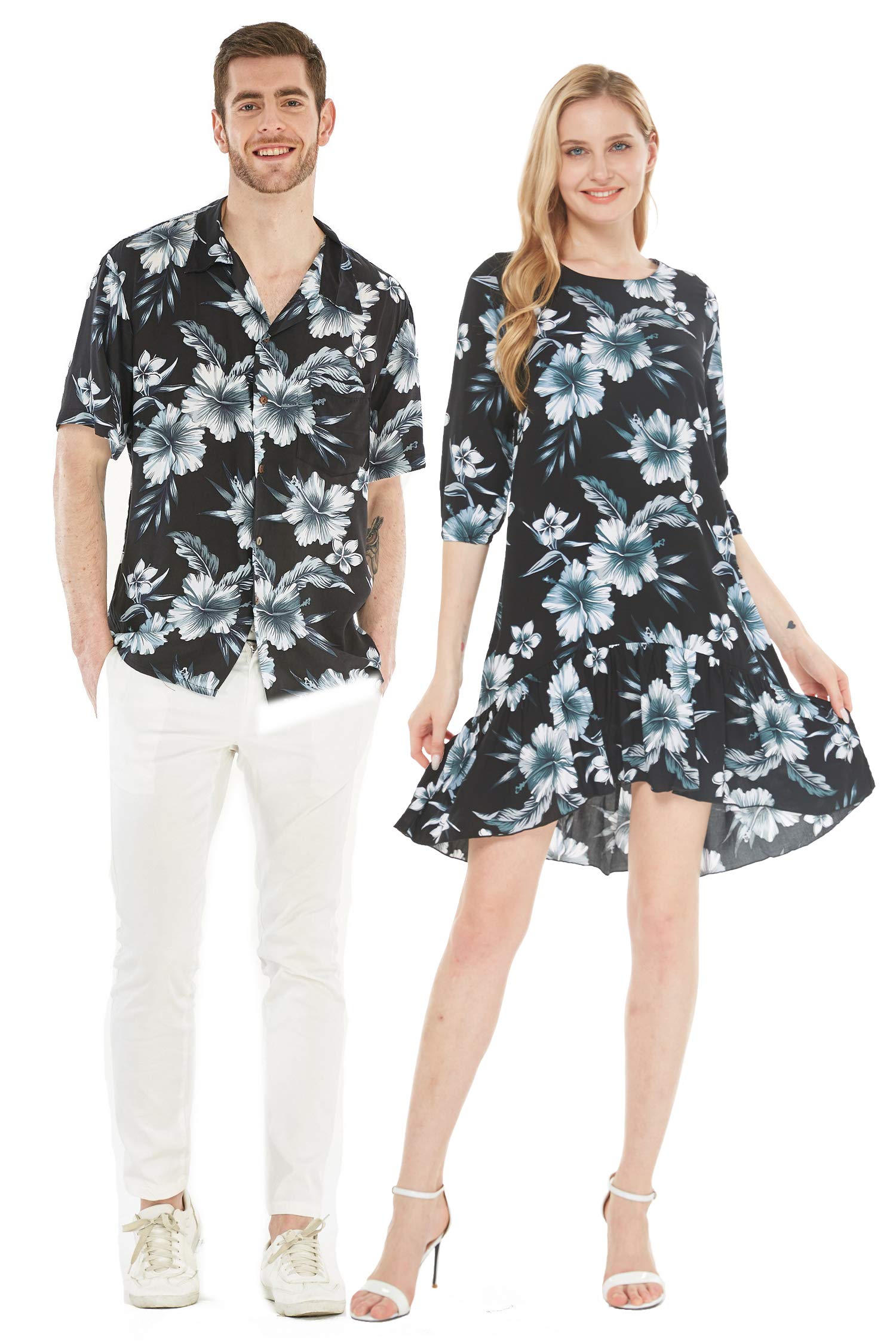 **Couple Matching Hawaiian Luau Shirt & 3/4 Sleeve Ruffle Dress Set - Neon Sunset Print - Tropical Vacation Outfits for Beach Party, Summer Date Night, and Luau Theme Events**