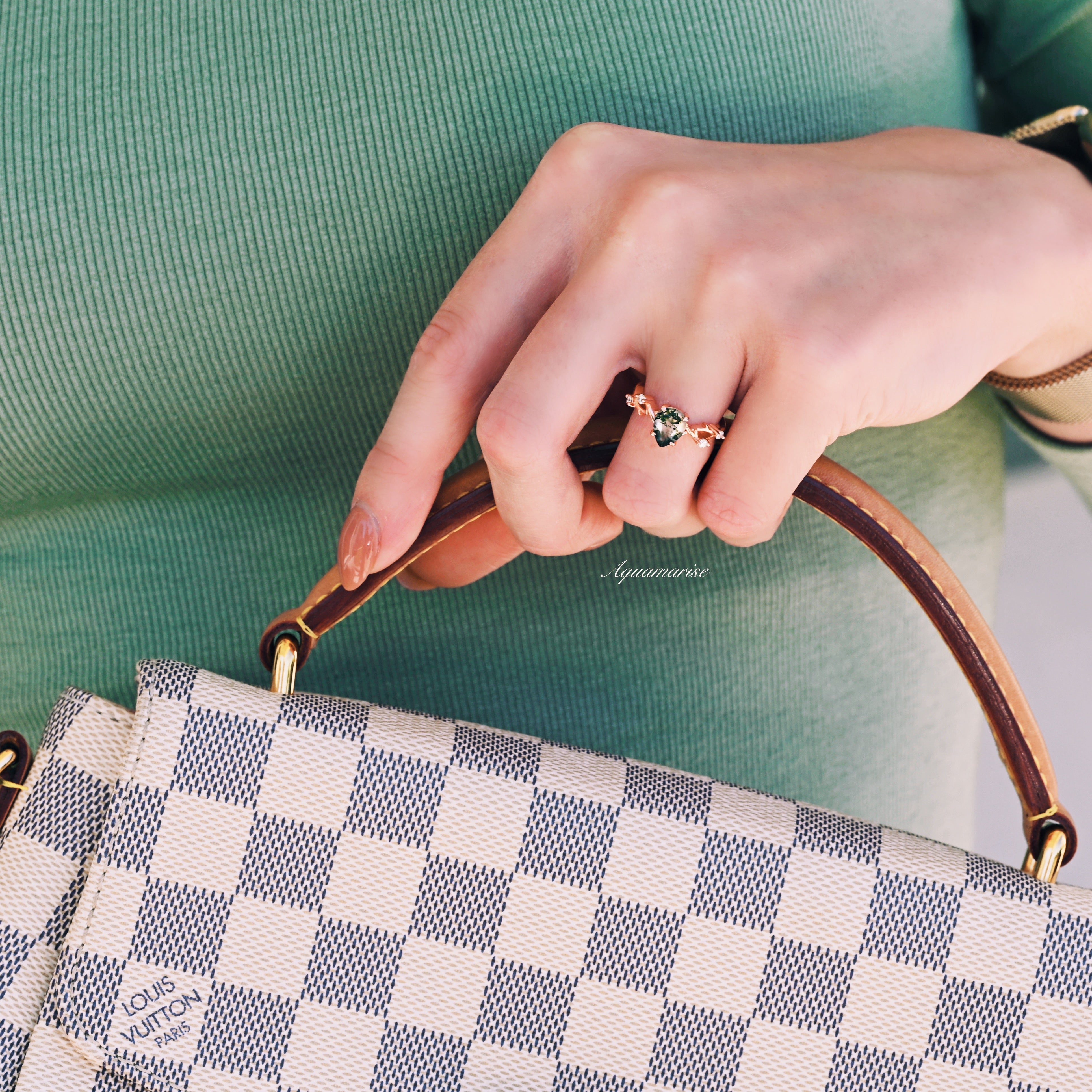 14K Rose Gold Vermeil Green Moss Agate Leaf Ring for Women | Nature-Inspired Jewelry | Perfect for Weddings, Parties & Everyday Wear