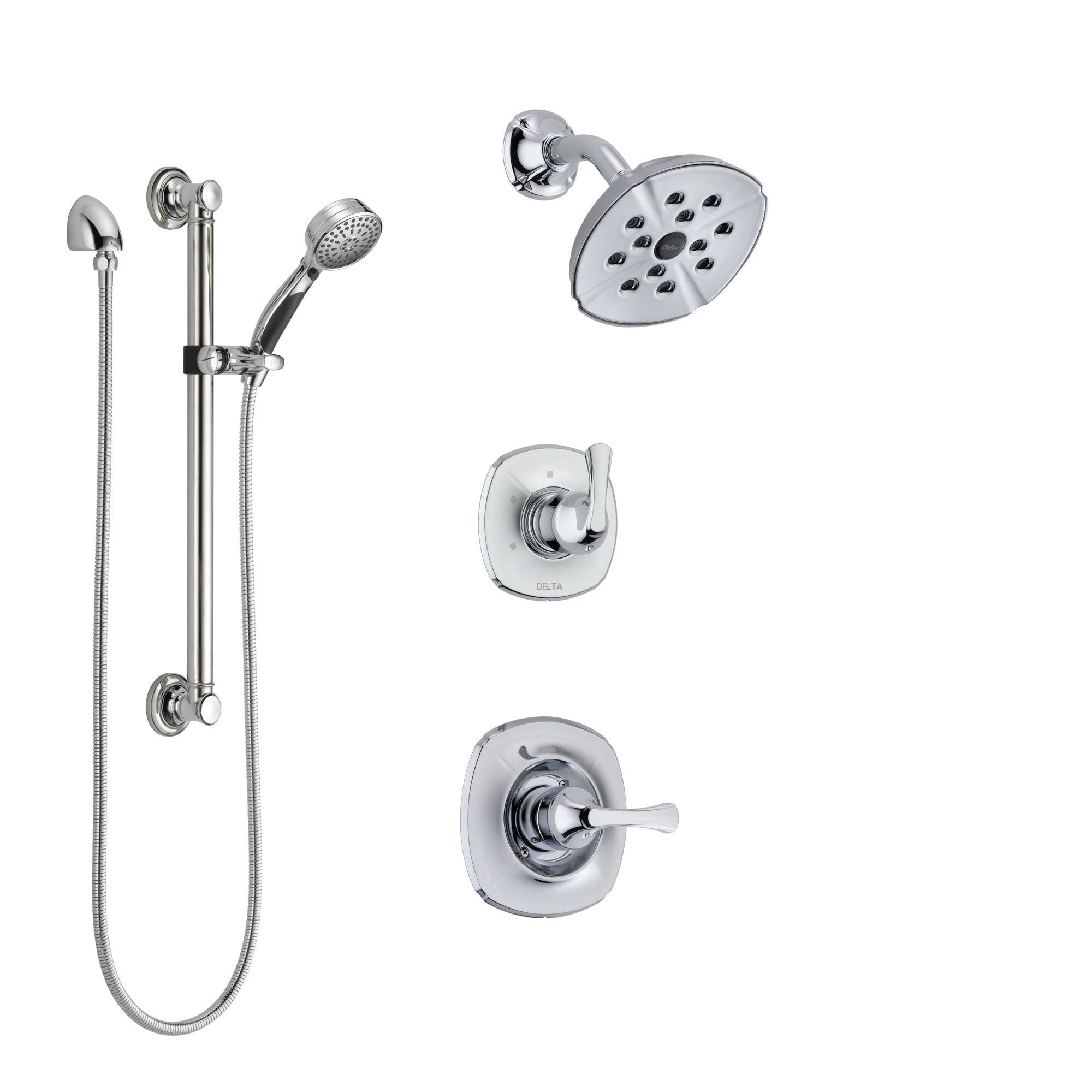 Delta Addison Chrome Finish Shower System with 3-Setting Diverter, Showerhead & Hand Shower - Includes Grab Bar (Model SS1429213) for Bathroom Safety & Accessibility - Perfect for Modern Homes, Hotels & ADA Compliant Bathrooms