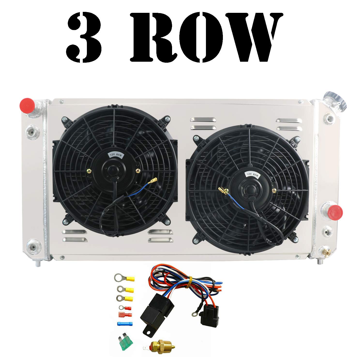 AlloyWorks 3-Row Full Aluminum Radiator with Shroud Fan & Relay Kit for 1996-2005 Chevy Blazer S10 Pickup Truck & GMC Jimmy Sonoma V8 V6 - Heavy Duty Cooling Upgrade for Off-Road & Towing