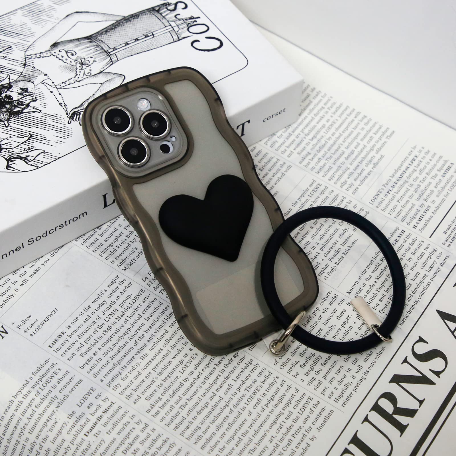 3D Black Heart Phone Case for iPhone 11 - Cute Big Love Heart Design with Curly Wave Shape & Clear Round Bracelet | Perfect Gift for Women & Girls | Ideal for Valentine's Day, Date Night & Everyday Use