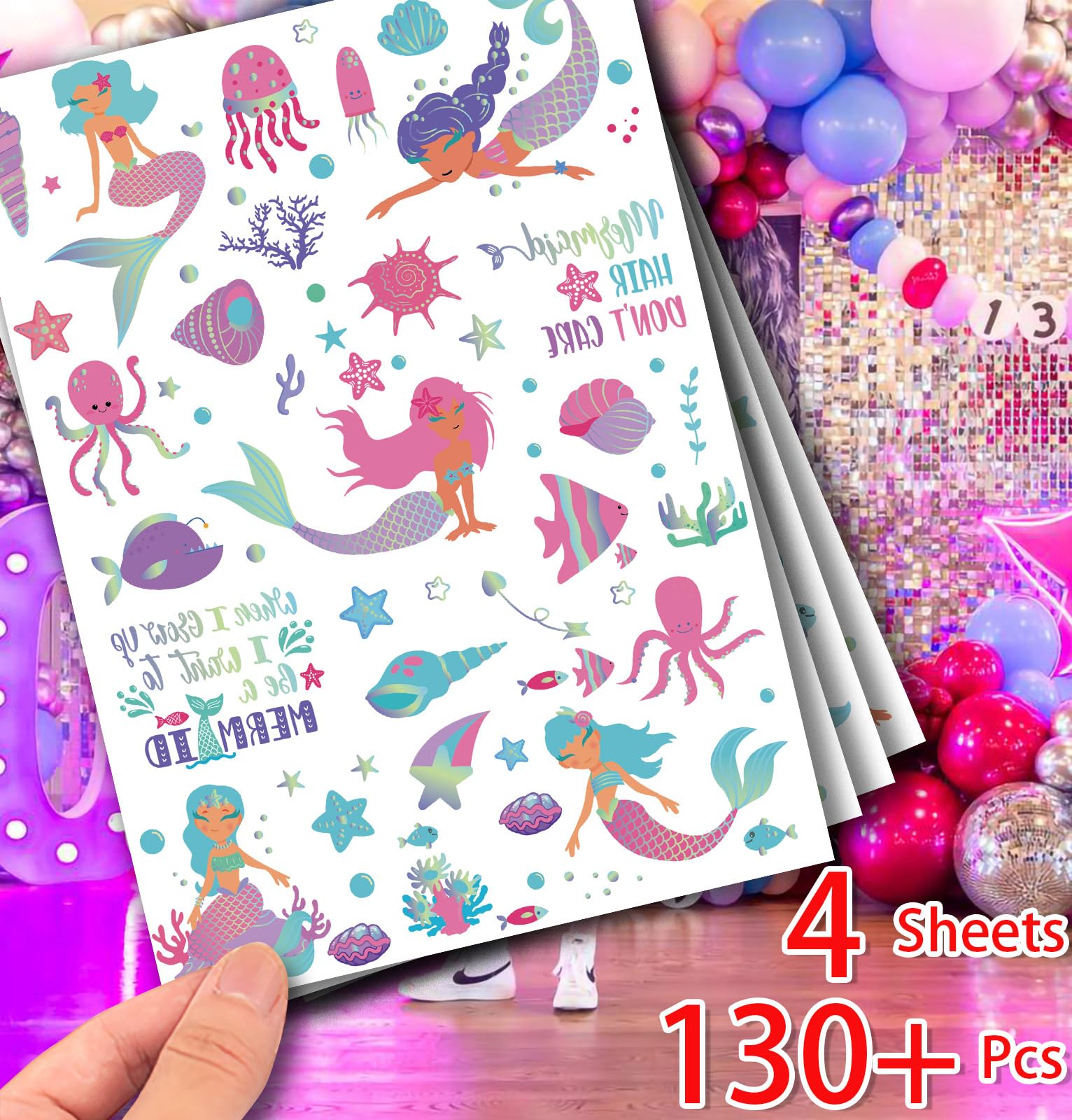 Mermaid Temporary Tattoos for Kids - 130+ Pcs Under The Sea Party Decorations, Birthday Favors & Gifts | Perfect for Mermaid Themed Birthday Parties, Pool Parties & Ocean-Themed Events