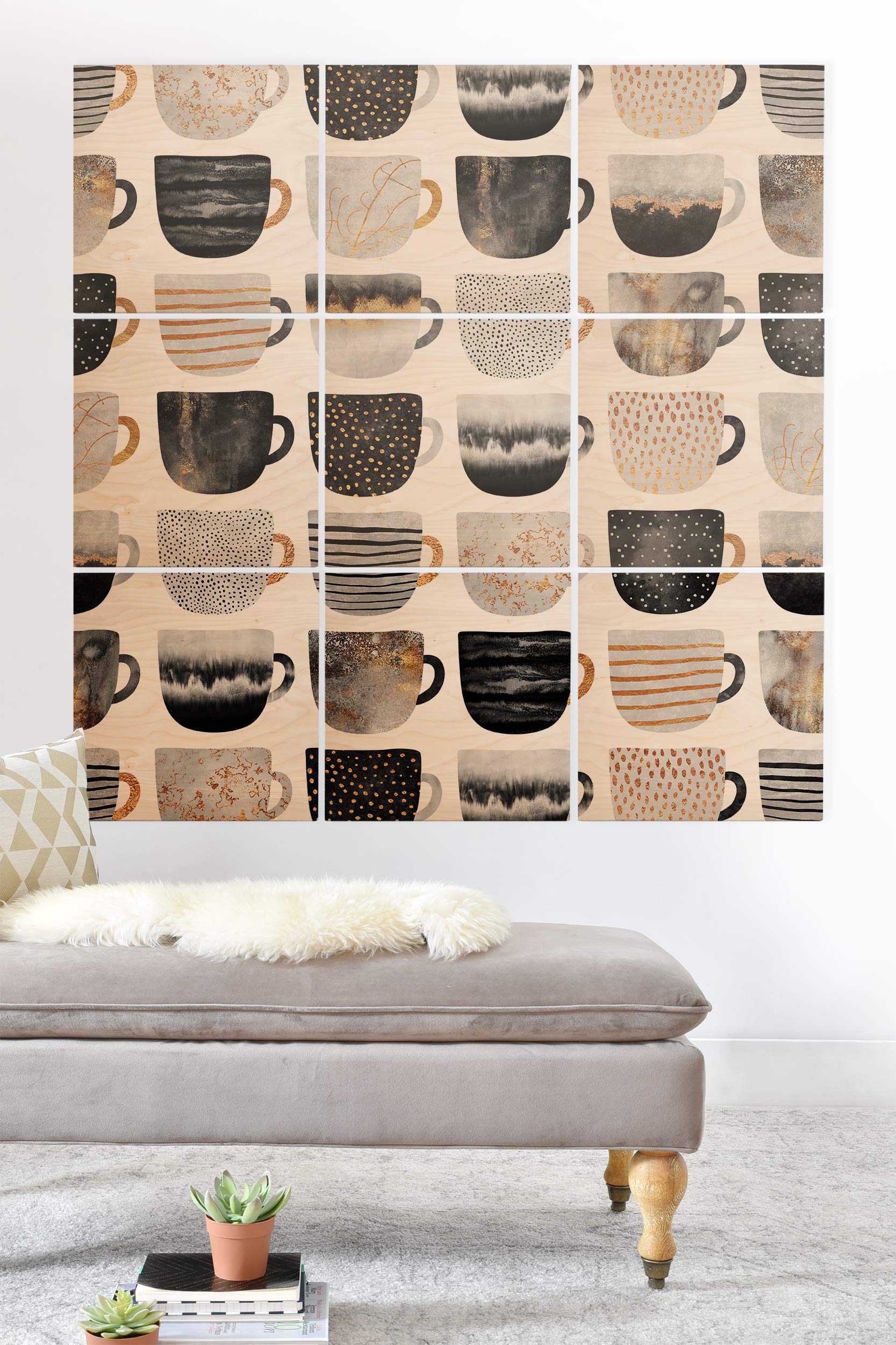 Elisabeth Fredriksson Pretty Coffee Cups 3 Wood Wall Mural - 5' x 5' Black - Scandinavian Home Decor for Living Room, Bedroom & Office