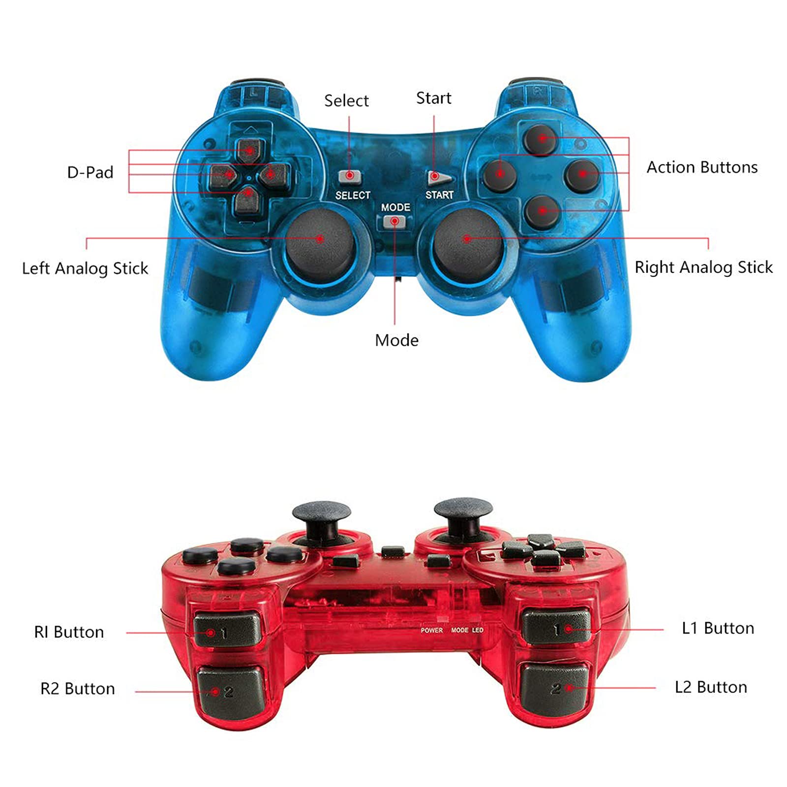 Wireless PS2 Controller with Dual Vibration - 2.4G Gamepad Joystick Compatible with Playstation 2 Console - Includes Wireless Receiver (2 Pack, Clear Blue & Clear Red) - Perfect for Gaming Nights & Multiplayer Sessions