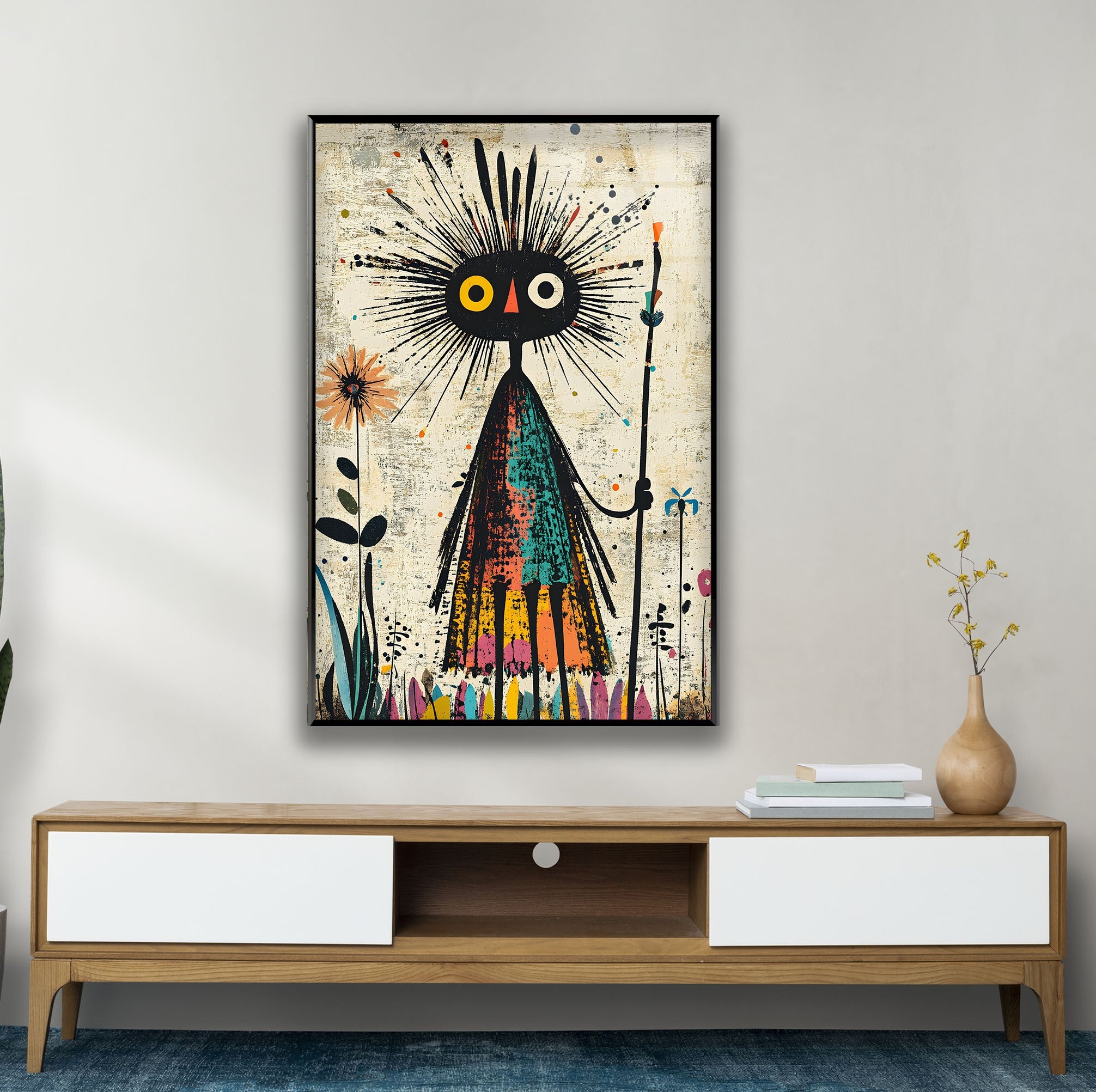 Hand-Painted African Tribal Figure Glass Wall Art - Unique Home Decor for Living Room, Bedroom & Office