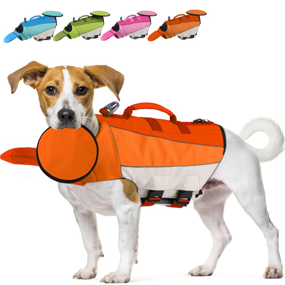 EMUST Dog Life Jacket & Swimming Vest - Adjustable Ripstop Flotation Vest with Rescue Handle for French Bulldog, Dachshund, Corgi (Orange, Medium) - Perfect for Beach, Pool & Boating Safety