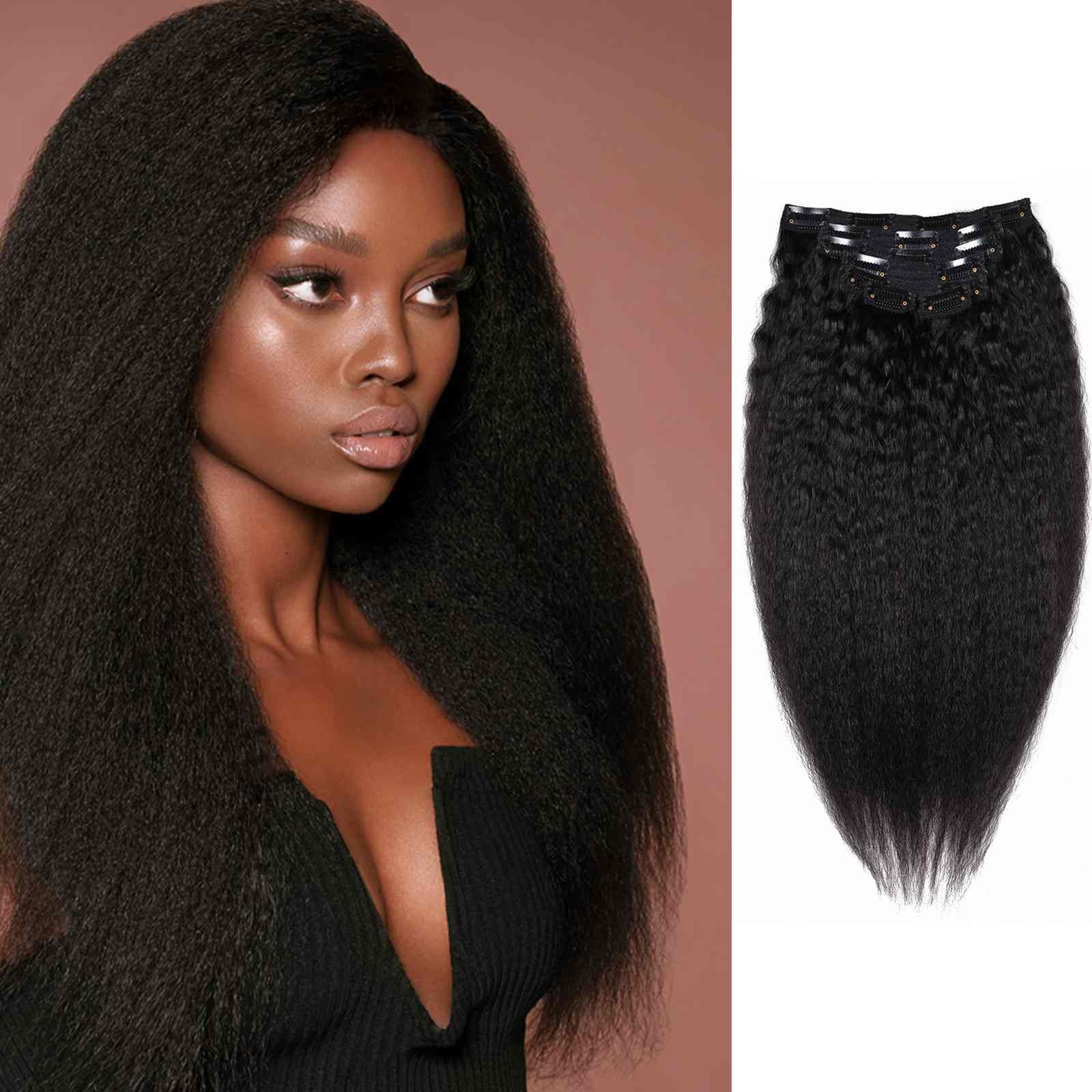 Clip-in Kinky Straight Human Hair Extensions - 7Pieces 16 Clips Double Lace Weft (26 inch, #1B) | Alimm Coarse Yaki Straight Hair for Natural Look | Perfect for Daily Wear, Parties & Special Occasions