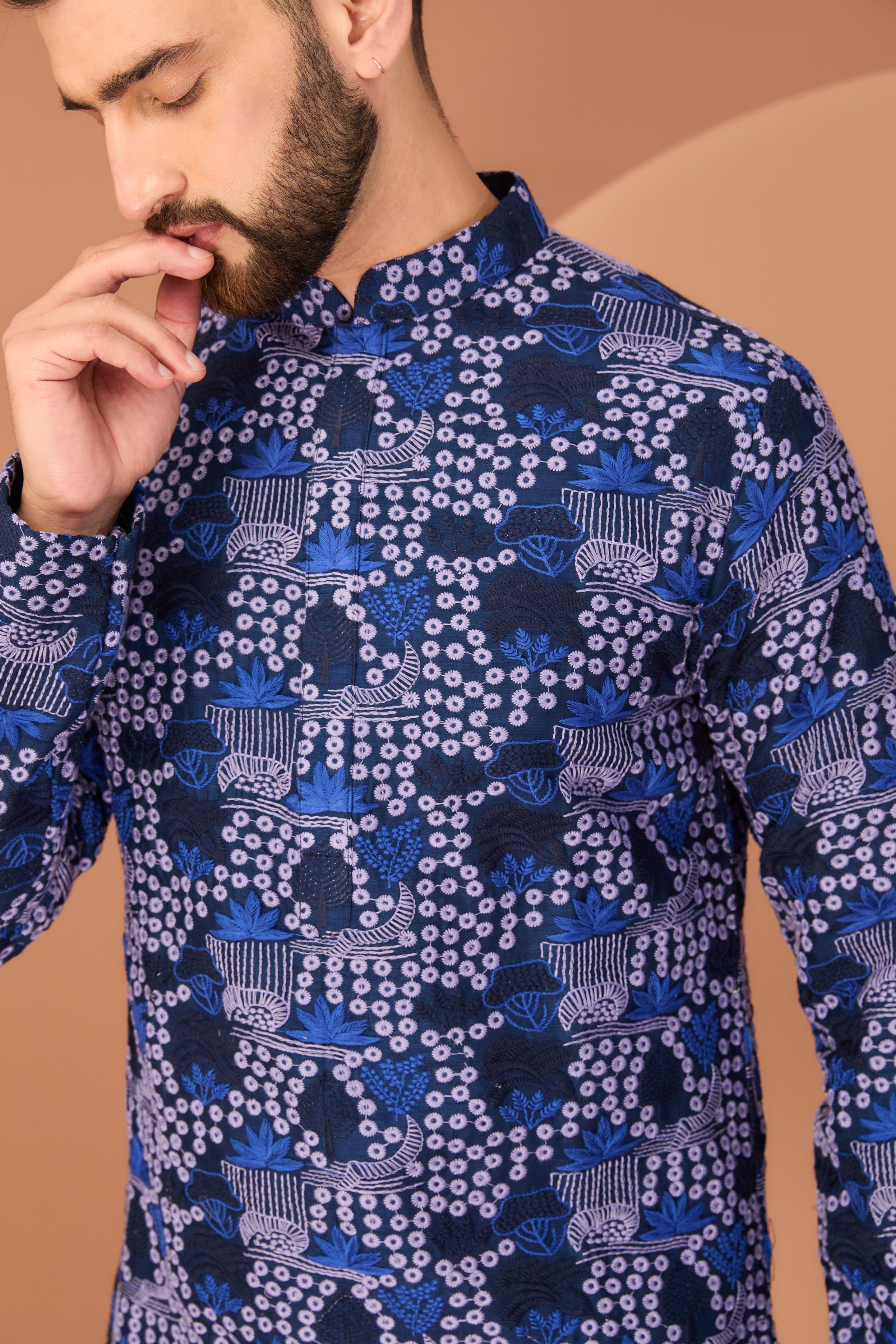 Exquisite Navy Blue Floral Kurta with Intricate Multi-Thread Embroidery - Perfect for Festivals, Weddings & Ethnic Occasions