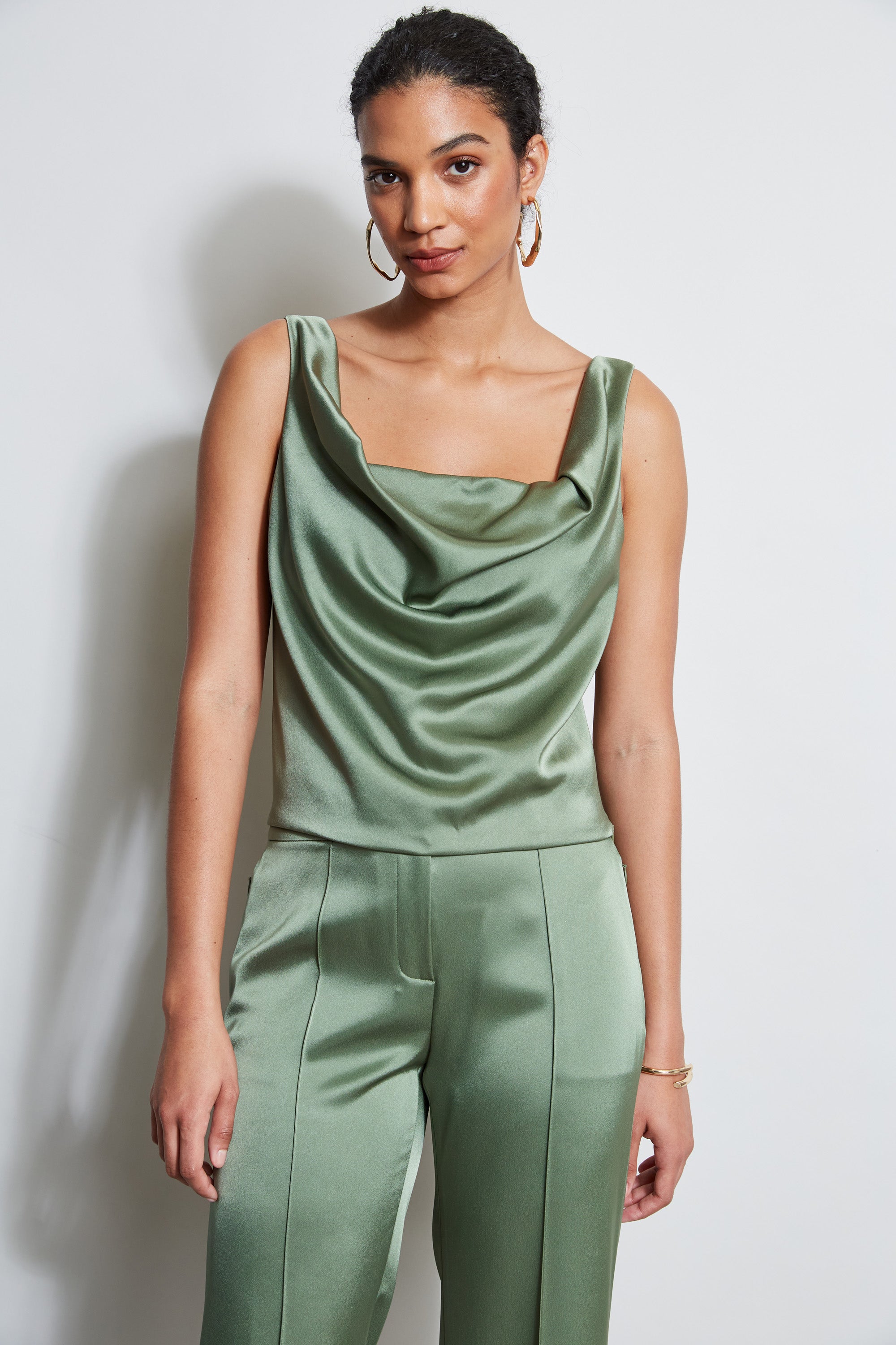 Satin Cowl Neck Cami Top - E401N504 Tuscan Olive - Women's Elegant Layering Piece for Evening Outfits & Special Occasions