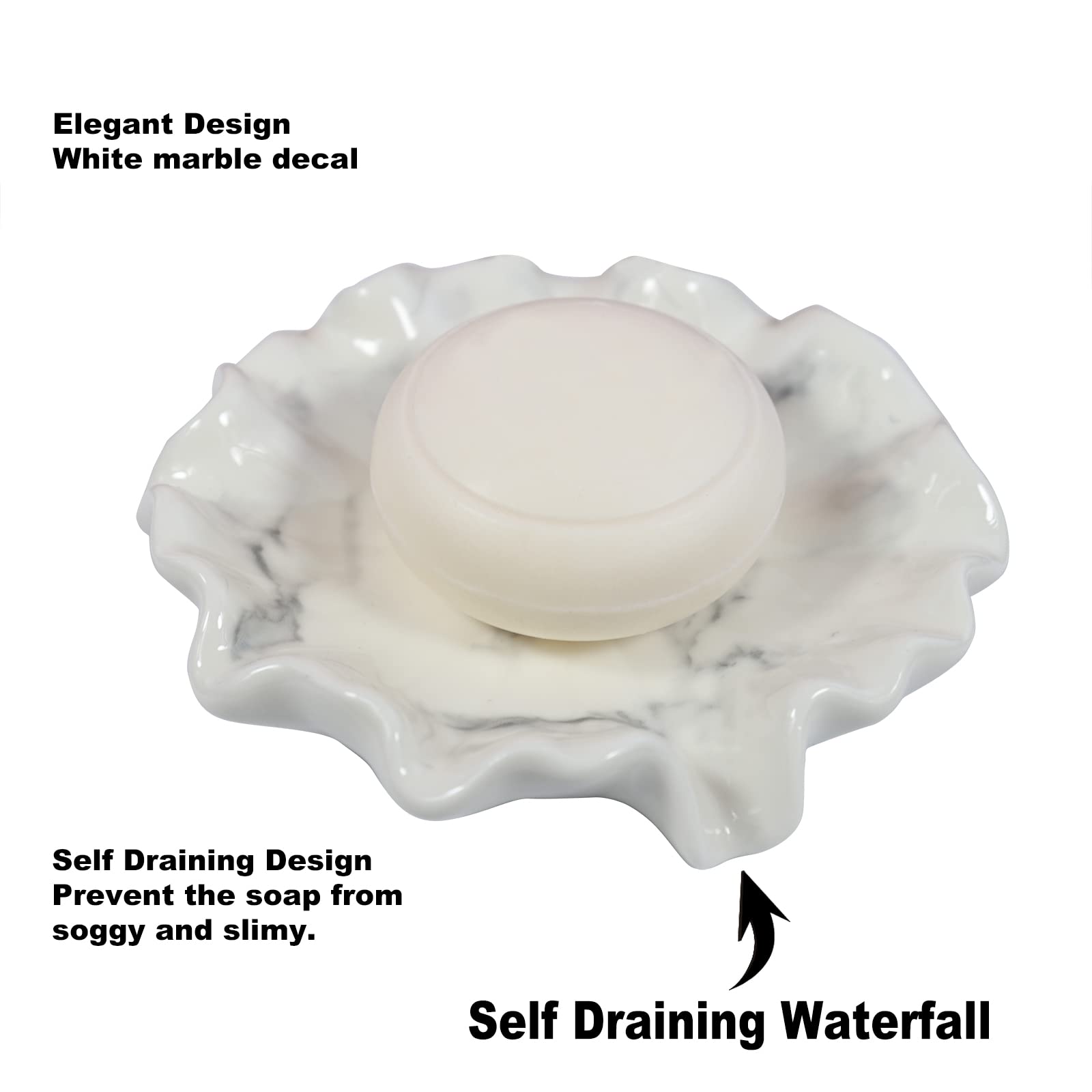 Ceramic Soap Dish with Lotus Leaf White Marble Pattern - Self Draining Soap Holder with Waterfall Slot - Bathroom & Kitchen Countertop Organizer for Sponges and Soap - Perfect for Modern Bathrooms, Spa Showers, and Luxury Hotel Style Vanities
