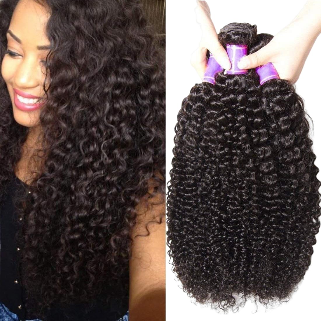 ALI JULIA 3-Pack 10A Malaysian Virgin Curly Hair Bundles - Unprocessed Human Hair Extensions (12/14/16 Inch) Natural Black Color for Women - Perfect for Daily Styling, Parties & Special Occasions