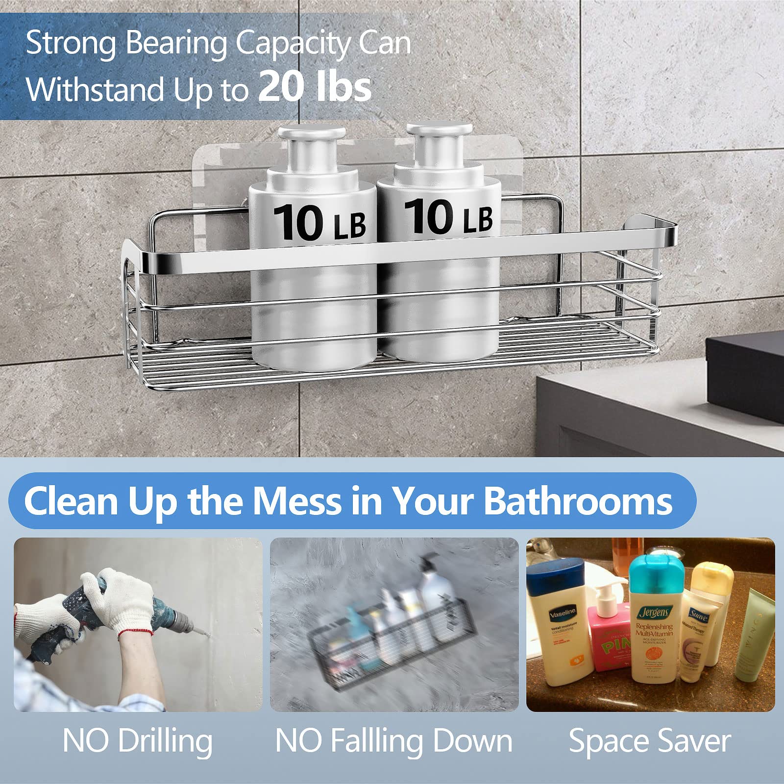 Stainless Steel Shower Caddy 2-Pack - No Drill Adhesive Bathroom Organizer Shelf for Shampoo, Conditioner & Toiletries - Silver Shower Storage Rack - Perfect for Small Bathrooms & Apartment Showers
