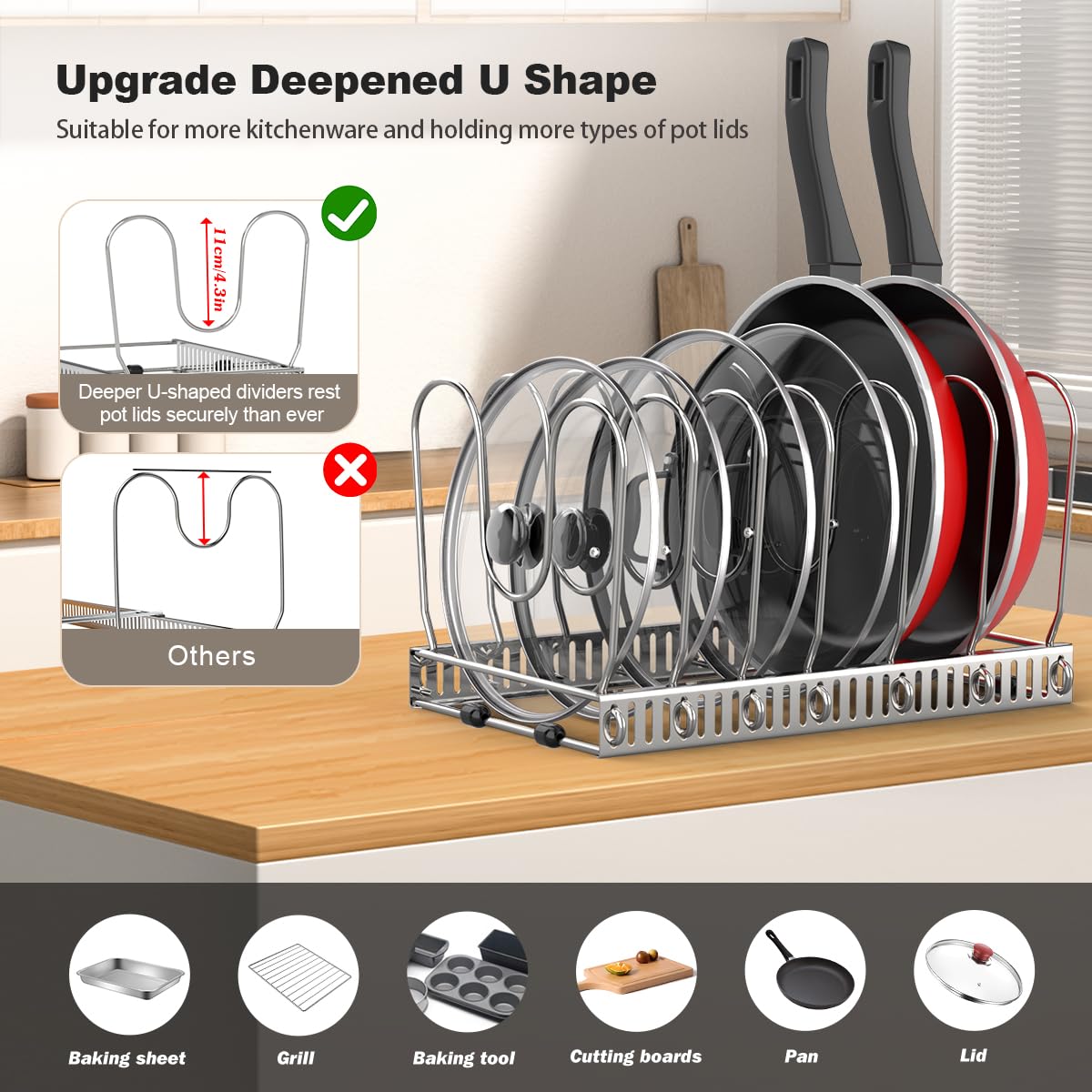 Stainless Steel Pot and Pan Organizer Rack for Kitchen Cabinet - 7 Adjustable Dividers for Pots, Pans & Lids Storage - Space Saving Cabinet Organizer for Cookware (Silver) | Perfect for Small Kitchens, RV Cooking & Organized Pantries