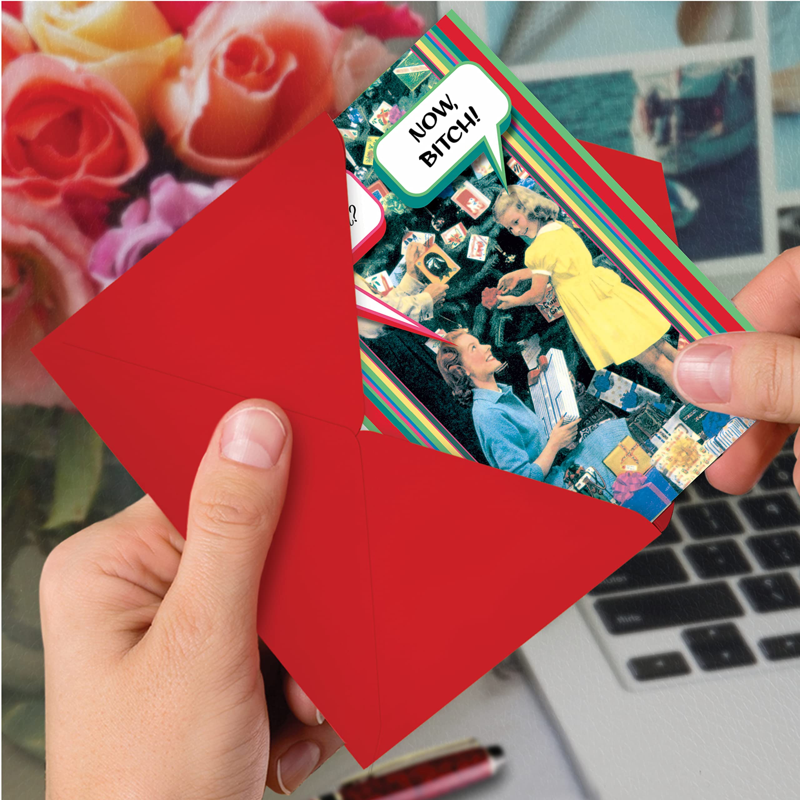 NobleWorks - 12 Funny Rude Christmas Greeting Cards for Adults - Holiday Humor Boxed Cards with Envelopes (1 Design, 12 Cards) - Perfect for Office Parties, White Elephant Gifts & Adult Holiday Exchanges - B-tch B1080
