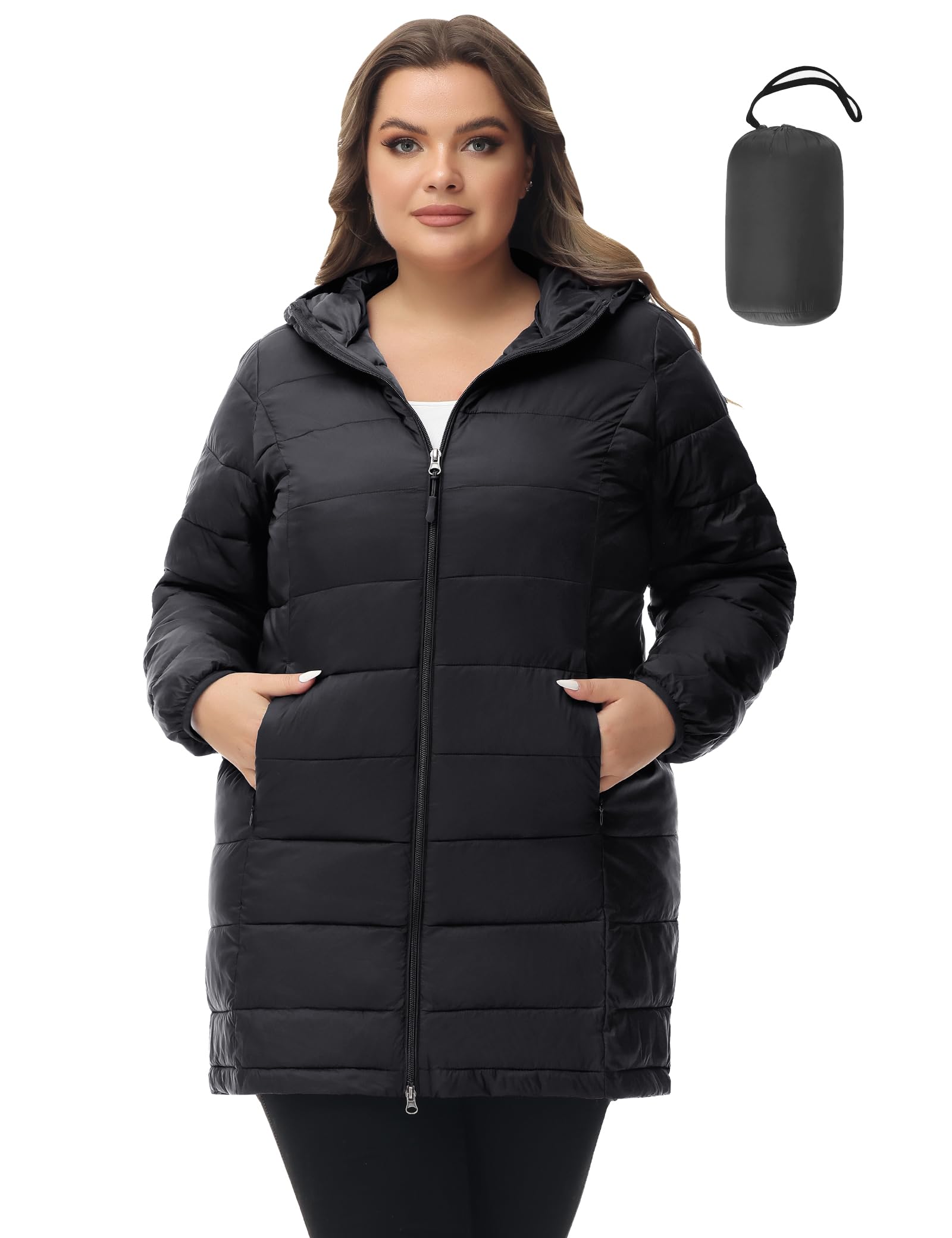Royal Matrix Women's Plus Size Lightweight Packable Hooded Puffer Jacket - Quilted Long Coat for Spring & Fall - Perfect for Outdoor Activities, Travel & Casual Wear