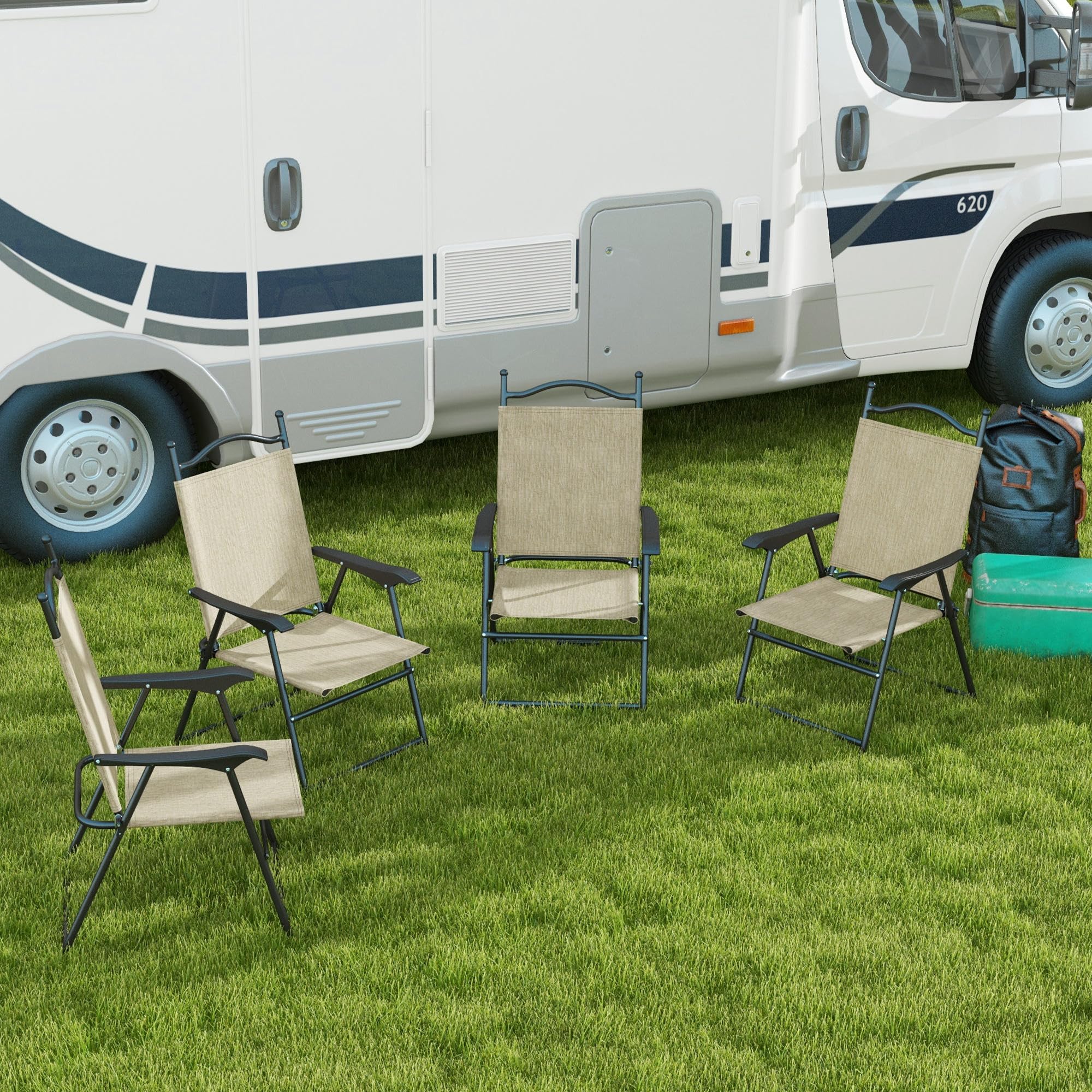 Outsunny 4-Pack Folding Patio Chairs with Armrests - Breathable Mesh Fabric Lawn Chairs for Adults, Camping, Backyard, Beach & Outdoor Relaxation
