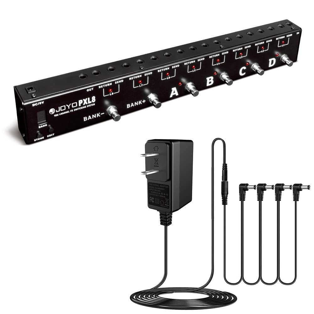 JOYO PXL8 8-Channel Programmable FX Loop Pedal Switcher with 9V DC Power Supply (800mA-1A) - Perfect for Guitar Effects Rack Setup & Live Performances