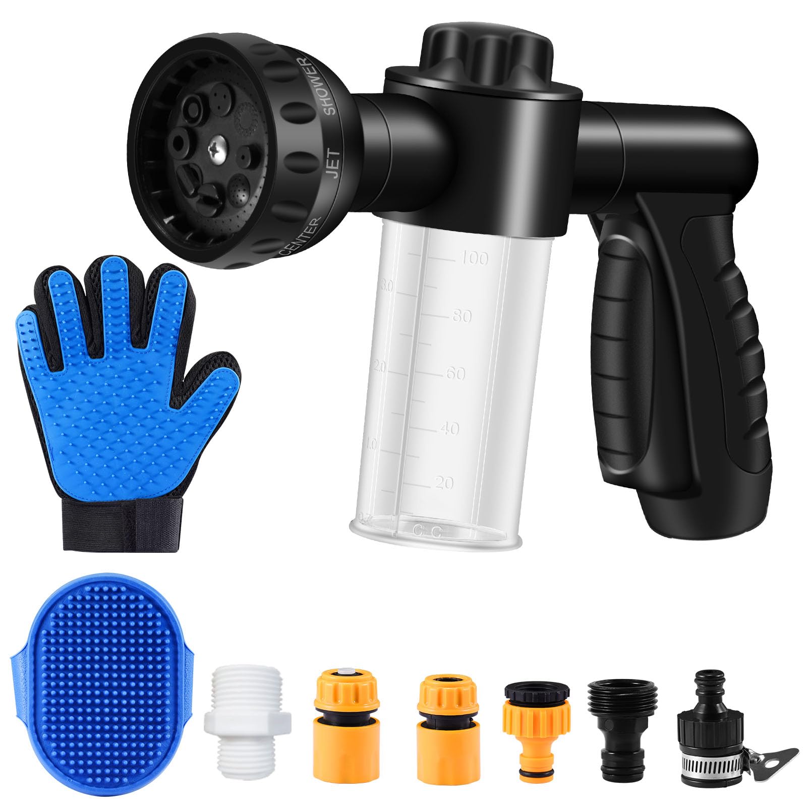 8-in-1 Pup Jet Dog Wash & Pet Bath Sprayer with Soap Dispenser - Dog Grooming Kit Includes Hose Nozzle Foamer, Pet Glove & Rubber Brush - Perfect for Bathing Dogs, Horses & Watering Plants/Lawns