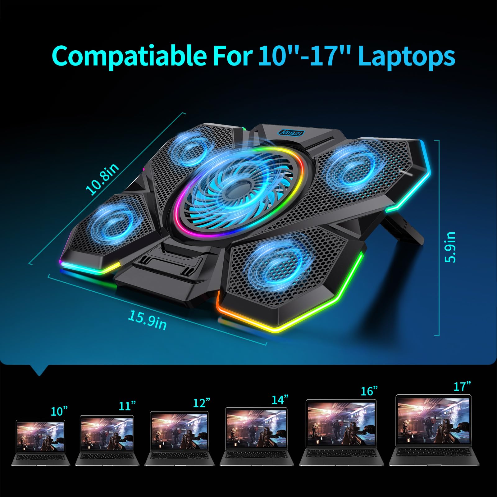 Best Laptop Cooling Pad for Gaming - 5 Quiet Fans with LED Lights, One-Click Close, Adjustable Height (Fits 12-17 Inch Laptops) - Perfect for Gaming, Office Work & Long Computing Sessions