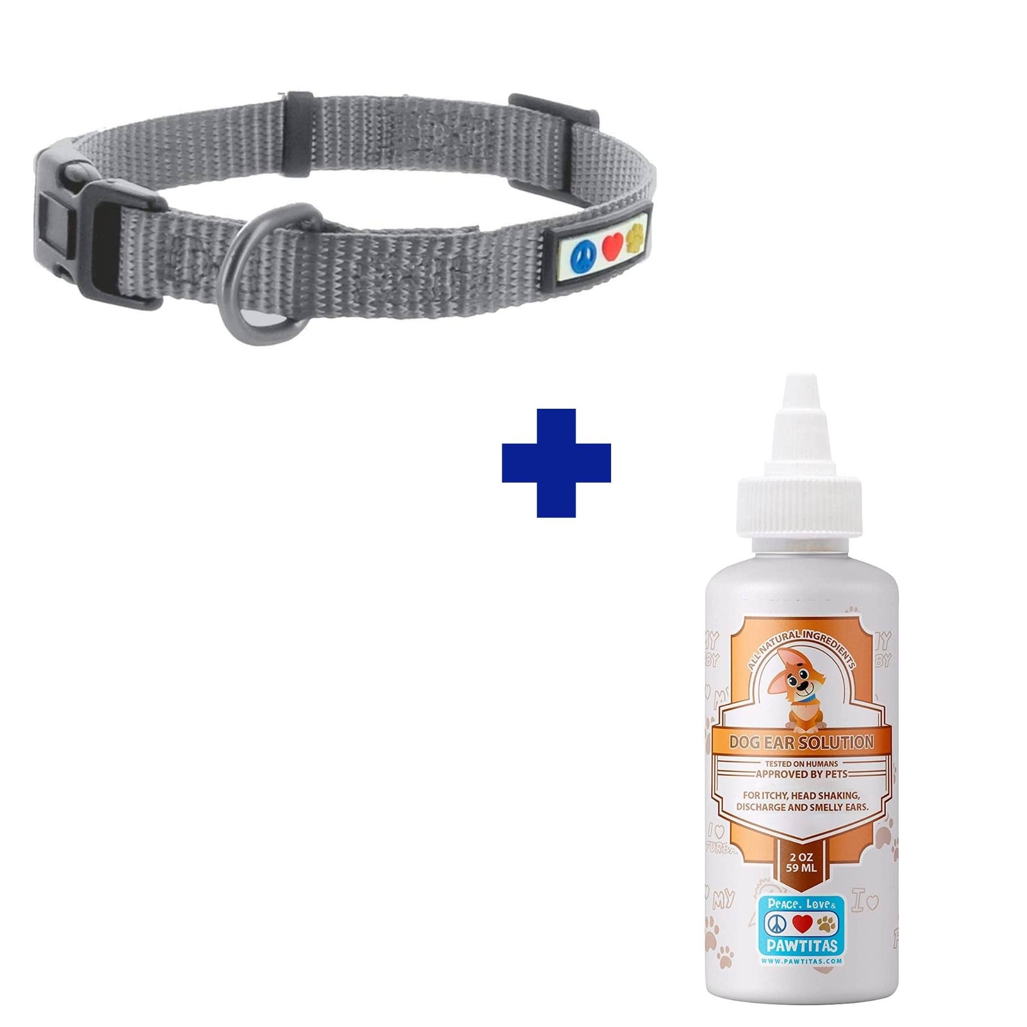 Premium Grey Collar for Extra Small Dogs & 100% Natural Dog Ear Cleaner Set - Gentle Pet Grooming Essentials for Daily Care & Puppy Hygiene