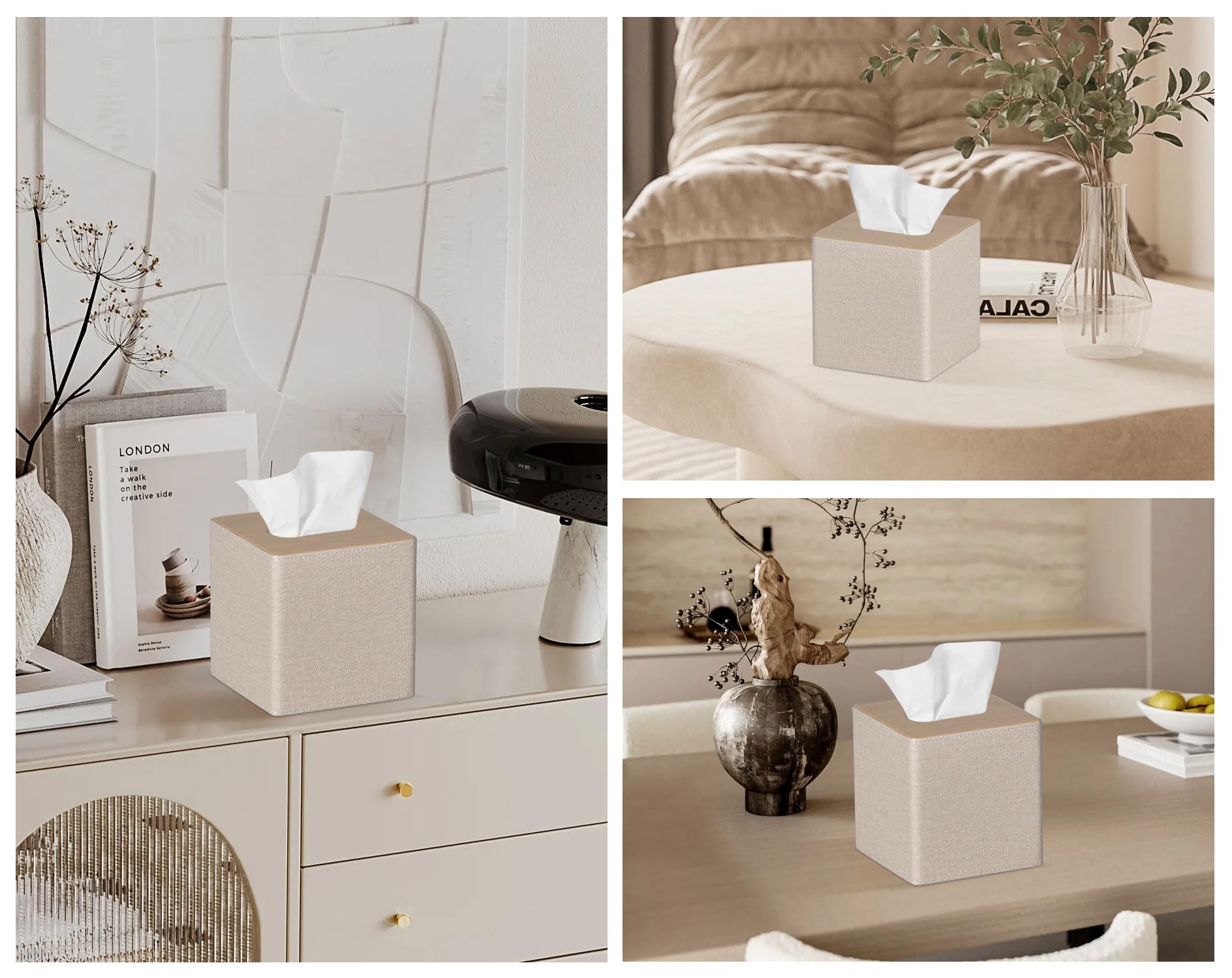 PU Leather Square Tissue Box Cover - Beige Facial Tissue Holder for Dresser, Bathroom & Home Decor | Perfect for Living Room, Bedroom and Office Organization