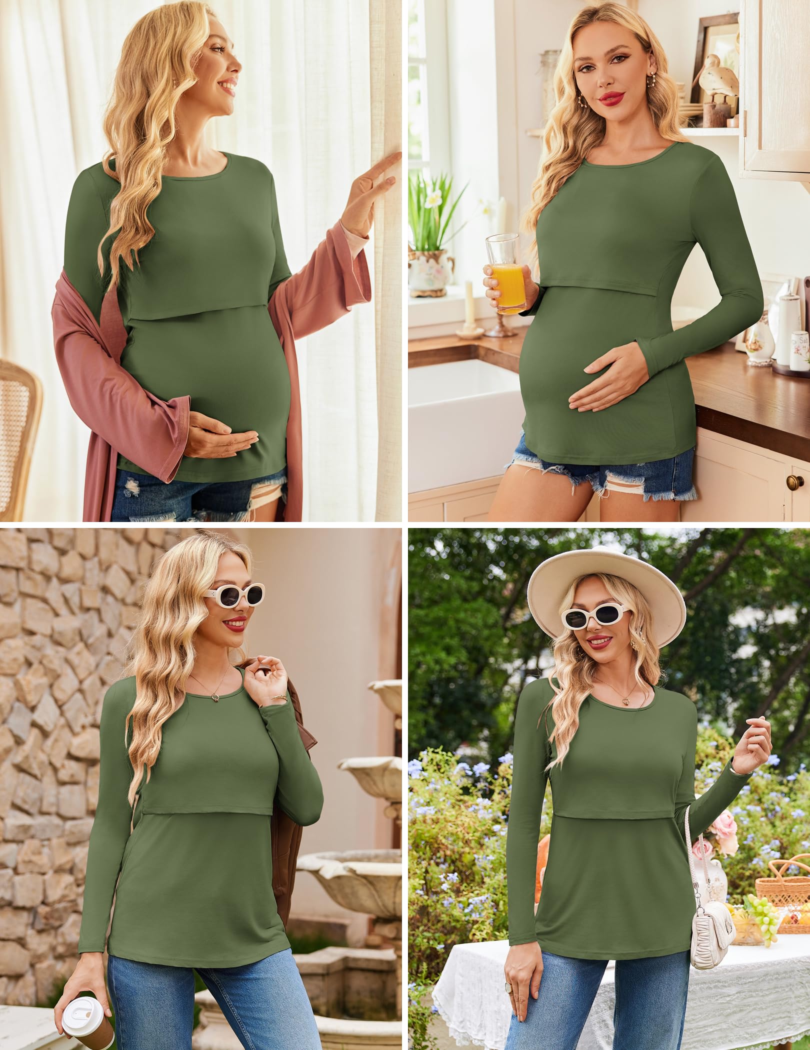 Ekouaer 3 Pack Women's Nursing Shirts - Long Sleeve Maternity Tops with Double Layer for Breastfeeding, Round Neck Pregnancy Blouse - Perfect for Nursing, Pumping & Comfortable Everyday Wear
