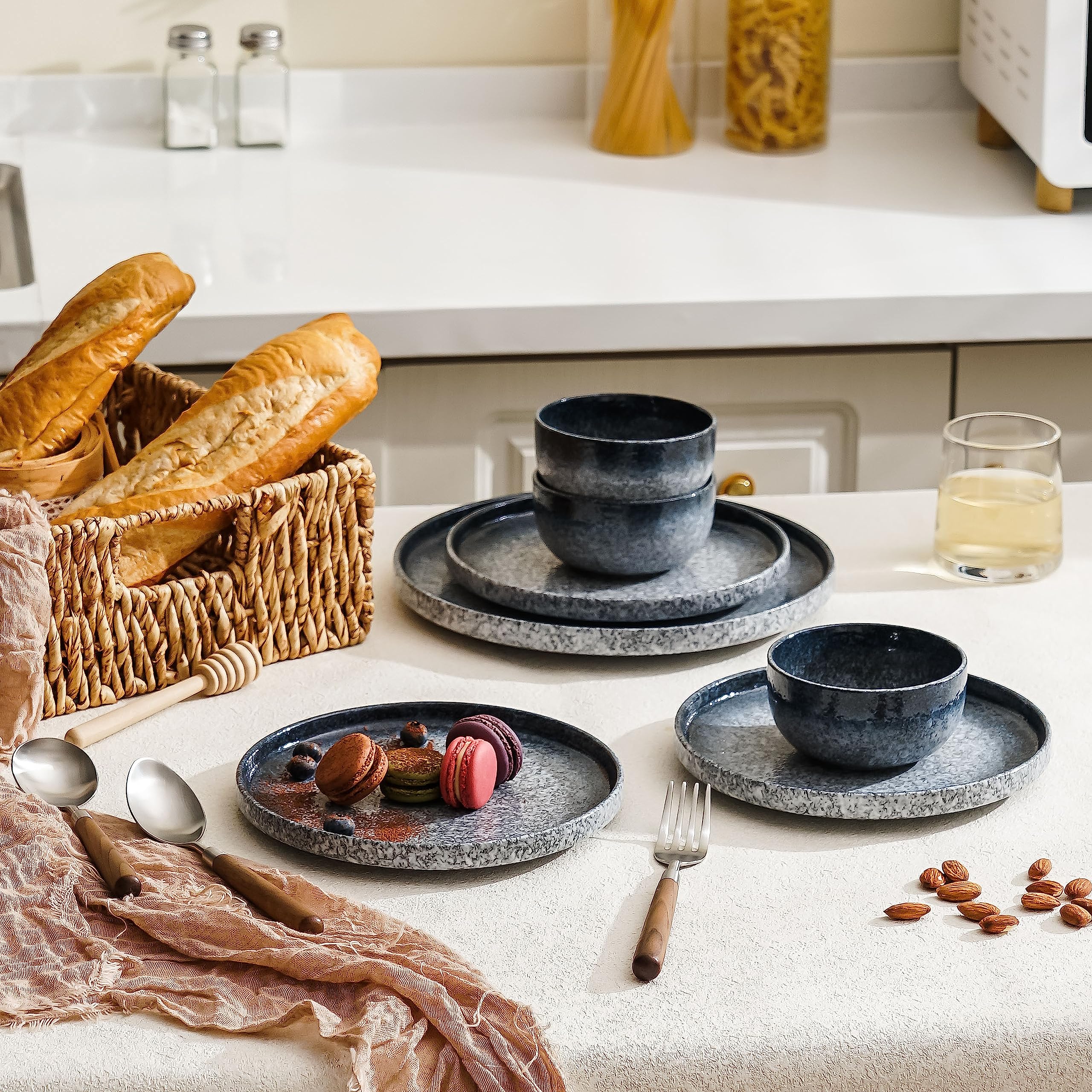 S&Q's Ceramic Flat Dessert Salad Plates - 8 Inch Set of 6, Microwave & Dishwasher Safe, Scratch Resistant Dark Blue Plates for Appetizers, Small Dinners, Parties & Home Decor