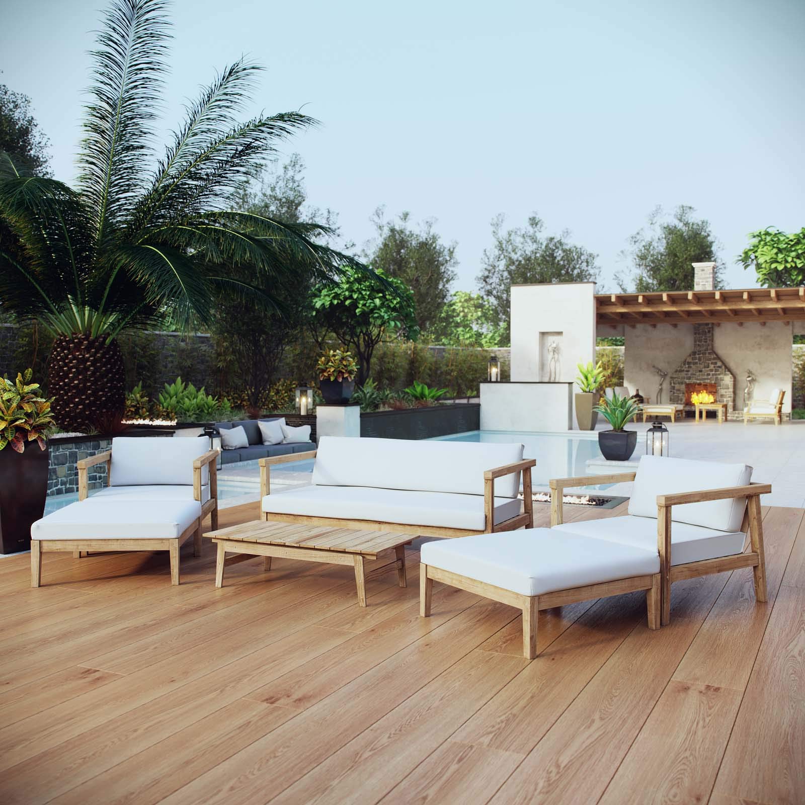 Modern Contemporary Outdoor Patio Balcony Lounge Chair Set with Sofa and Table - White Natural Wood Furniture for Relaxing in Garden, Poolside or Backyard