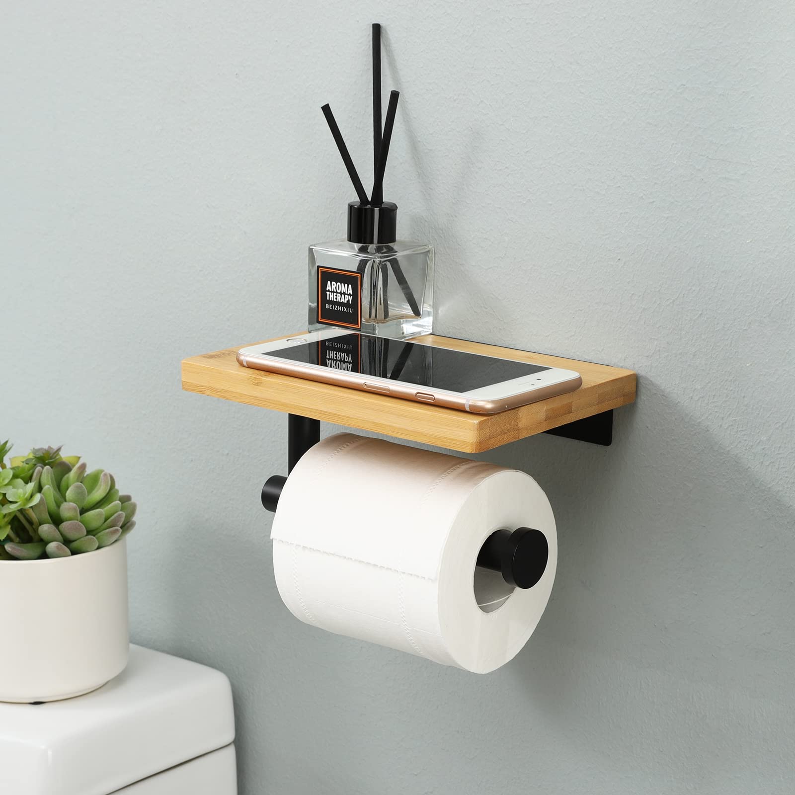 Stainless Steel Toilet Paper Holder with Shelf - Wall Mount Bathroom Organizer for Toilet Roll Storage, Black (BPH220BA-BK) - Perfect for Small Bathrooms & Space-Saving Solutions