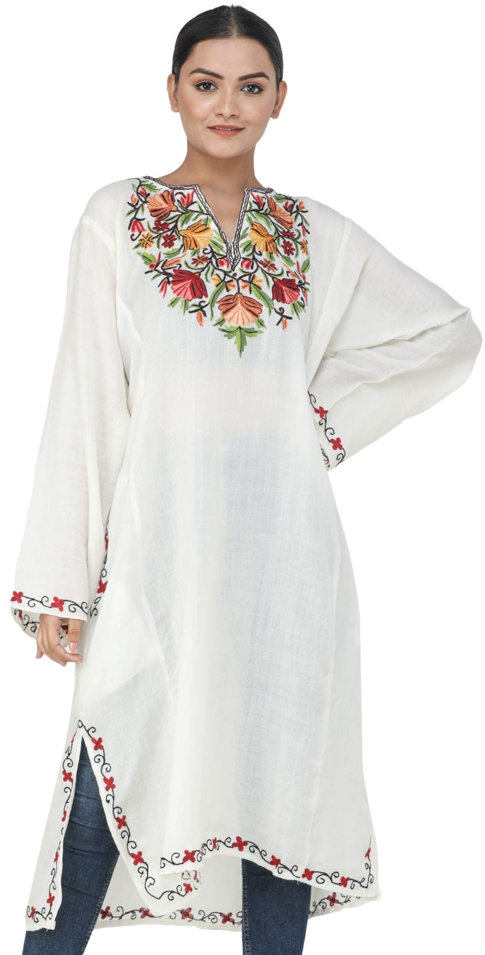 Hand-Embroidered Kashmiri Phiran Wool Shawl with Ari Neck Design - Perfect for Winter Fashion & Cultural Events