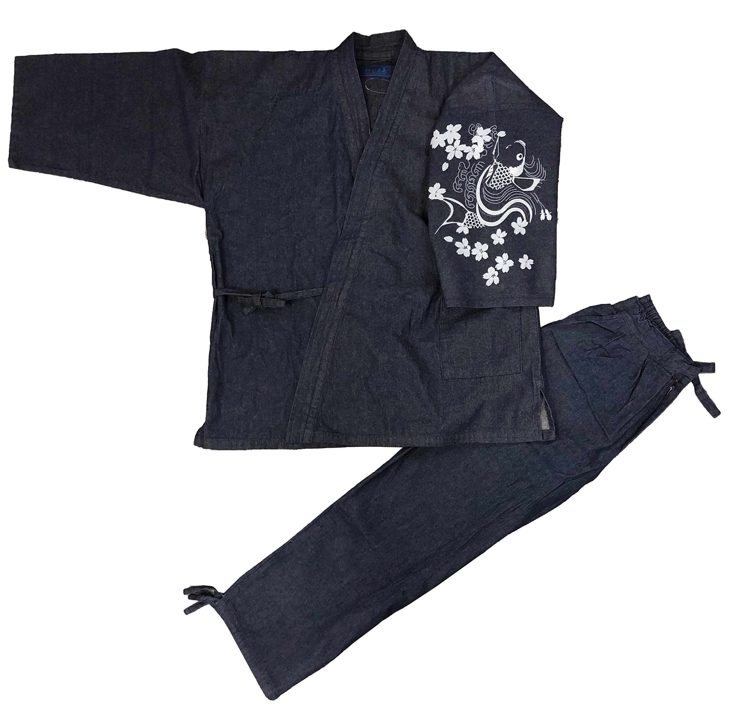 100% Cotton Japanese Denim Samue - Traditional Pattern Printed Workwear for Meditation, Yoga, and Casual Wear
