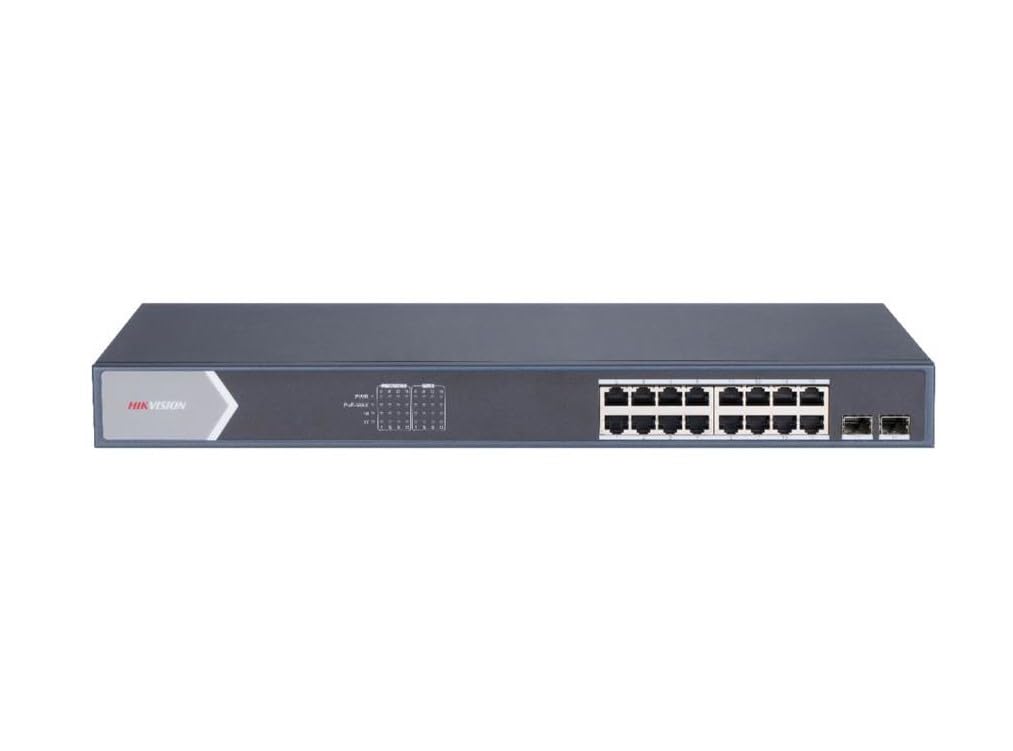 Hikvision 16-Port Gigabit Unmanaged PoE Switch with 2 SFP Uplink Ports, 802.3af/at Compliant - Ideal for IP Camera Systems, Home & Office Network Expansion