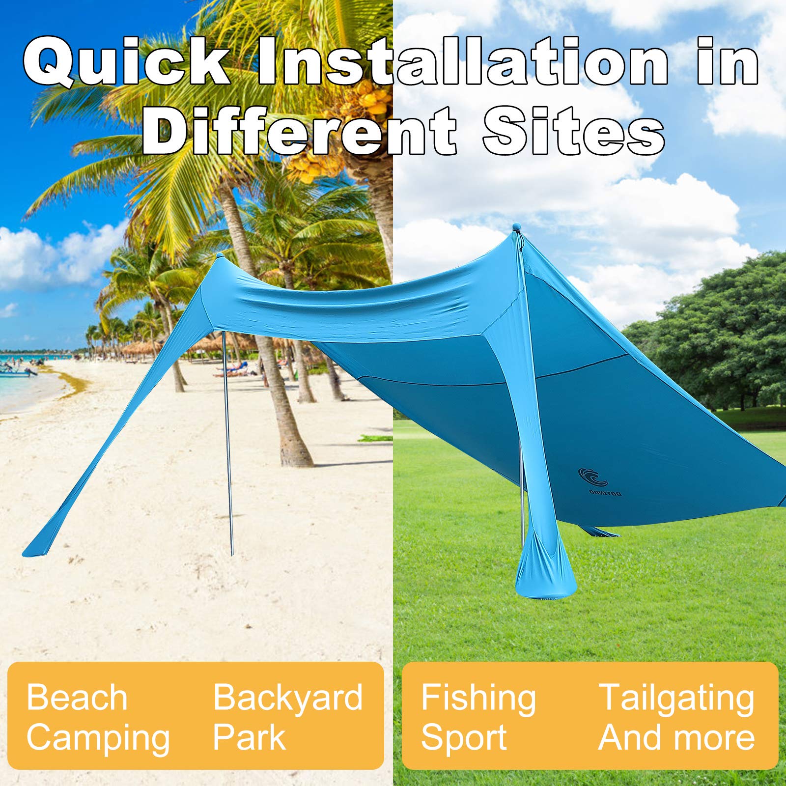 **BOTINDO Family Beach Tent - Pop Up Sun Shade Canopy with 2 Stability Poles & Carry Bag - Portable Outdoor Shelter for Fishing, Camping, Backyard, Picnics & Beach Trips**