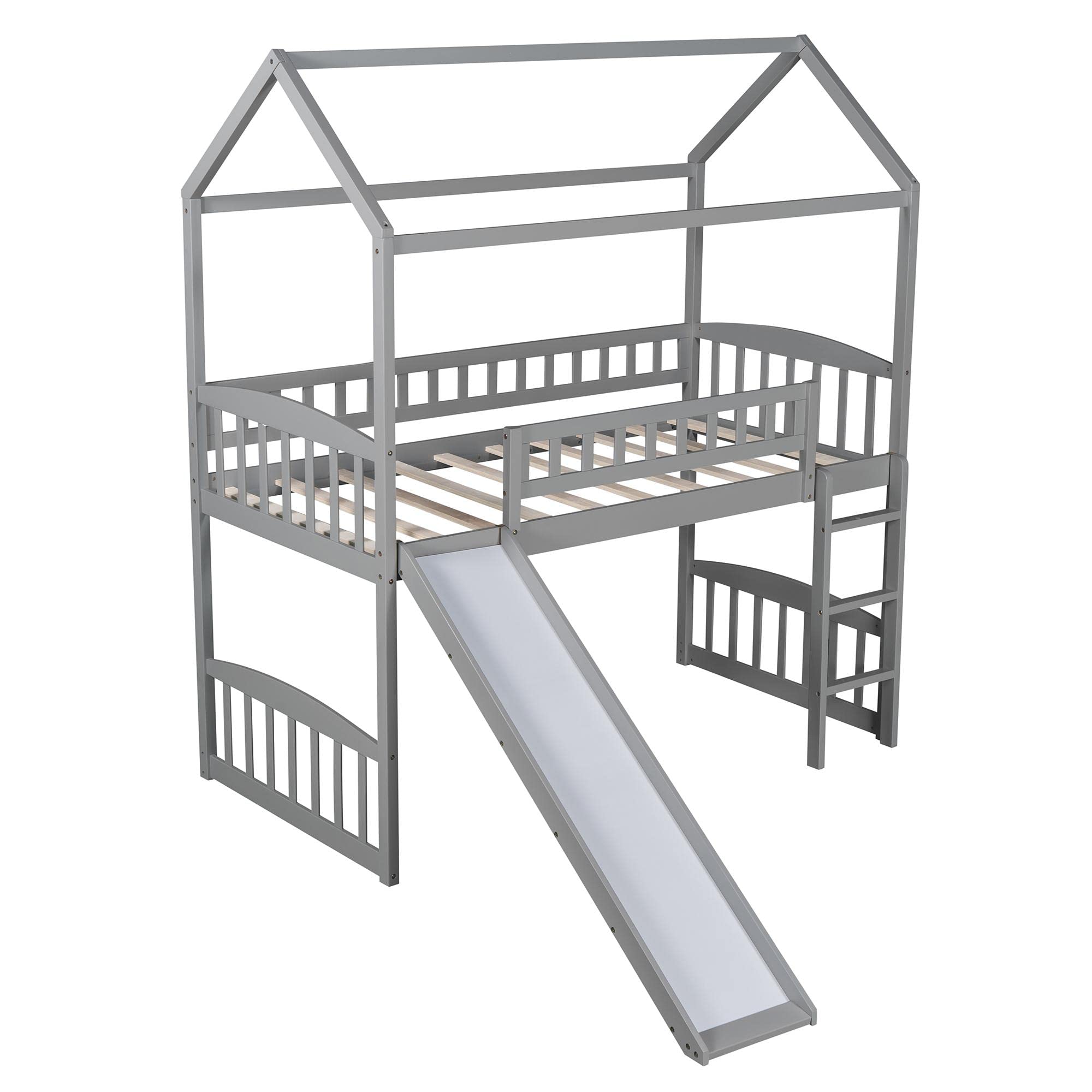 JINS&VICO Twin Loft Bed with Slide and Ladder - Wooden Playhouse Bed with Roof & Safety Guardrails for Kids - Space-Saving Bunk Bed (77.4