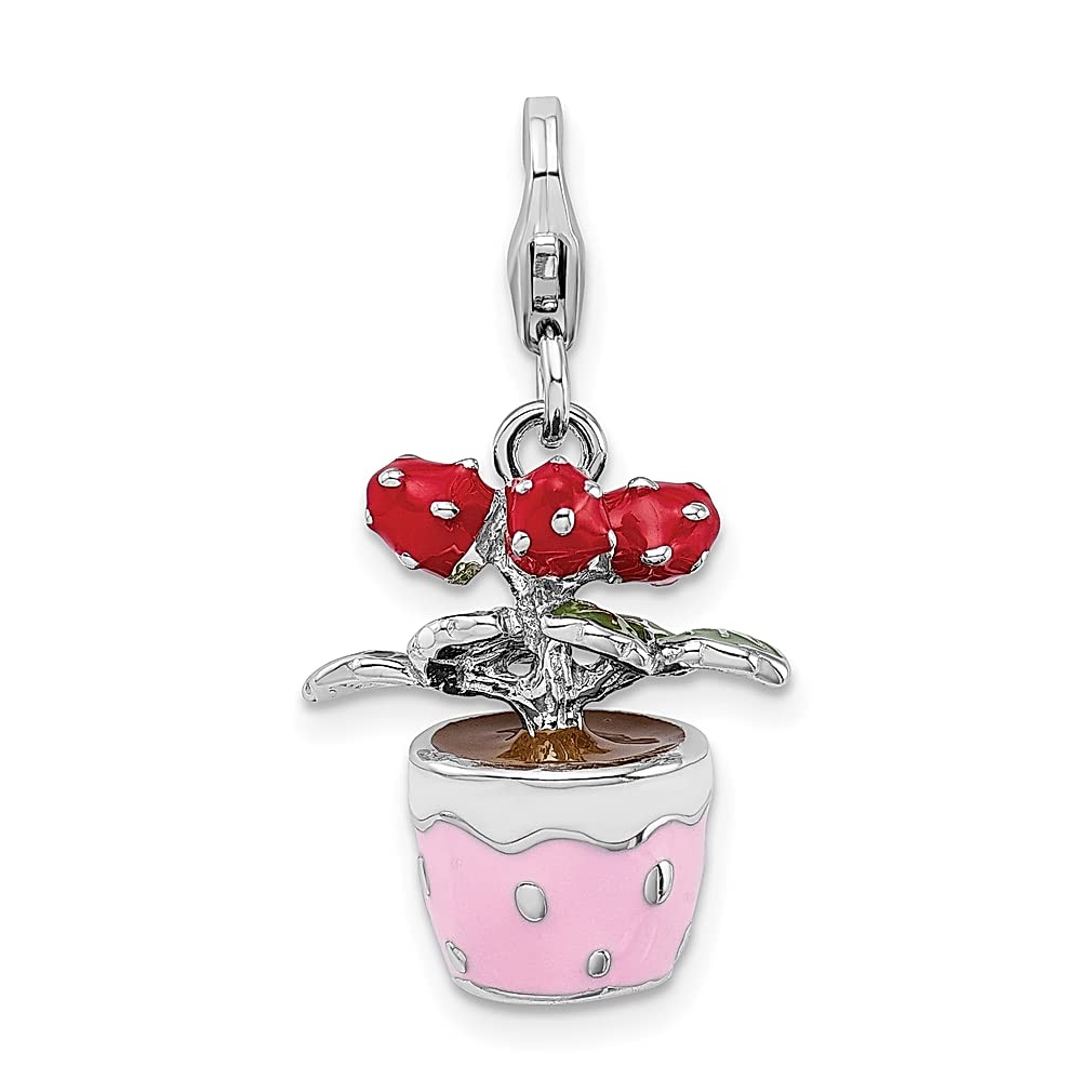 Amore La Vita 925 Sterling Silver 3D Enameled Flower Pot Charm Pendant Necklace with Lobster Clasp - Elegant Gardening Jewelry for Women, Perfect Gift for Her - Ideal for Garden Parties, Mother's Day & Special Occasions