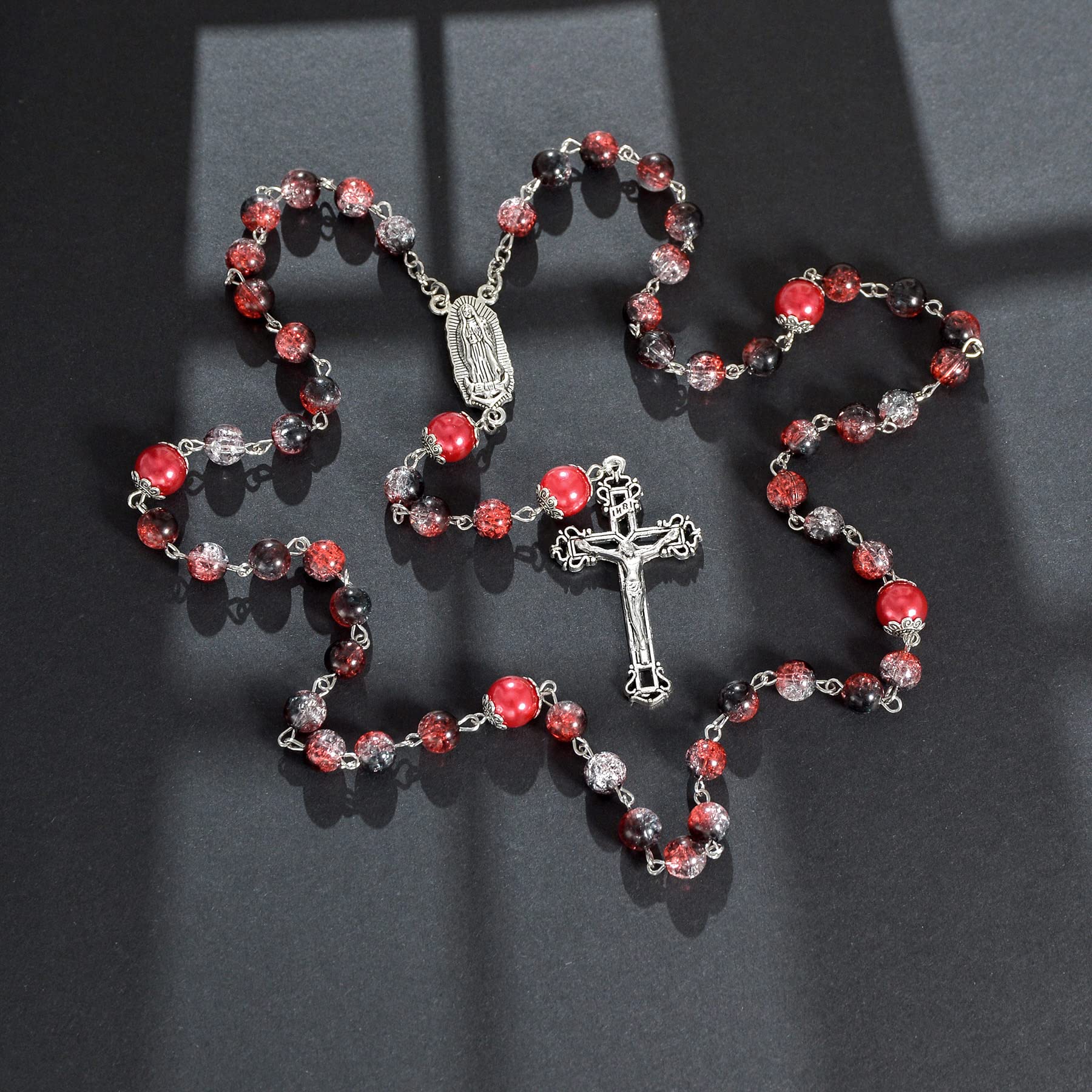 8mm Crystal Glass Beads Catholic Rosary Necklace with Guadalupe Medal - Red Beaded Religious Jewelry for Women & Girls - Christian Gift Set in Velvet Pouch (Perfect for Prayer, Worship & Faith-Based Occasions)