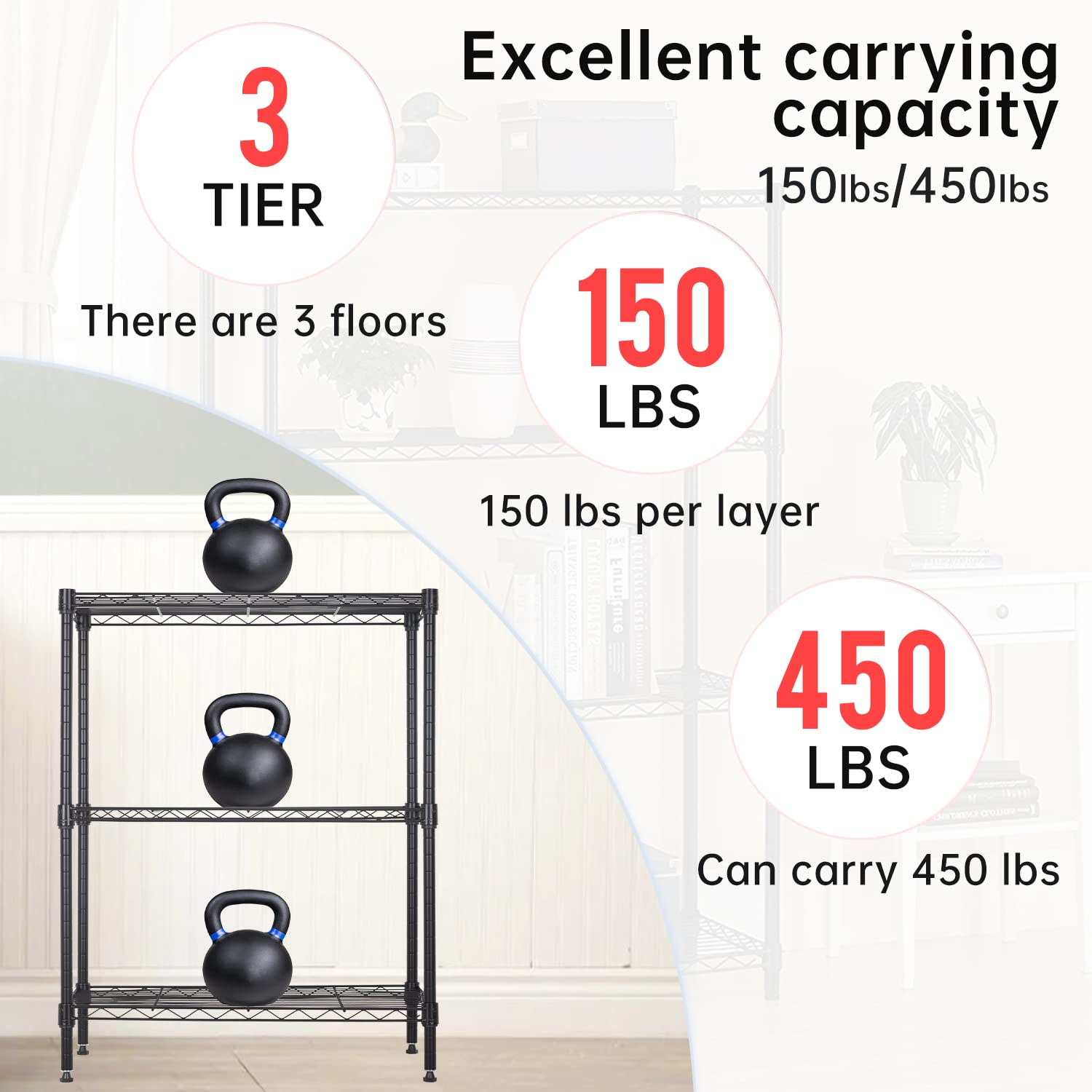 Best Adjustable 3-Tier Metal Storage Shelves - Heavy Duty 450Lbs Capacity Wire Shelving Unit for Kitchen, Garage, Office - Space Saving Organizer Rack (23