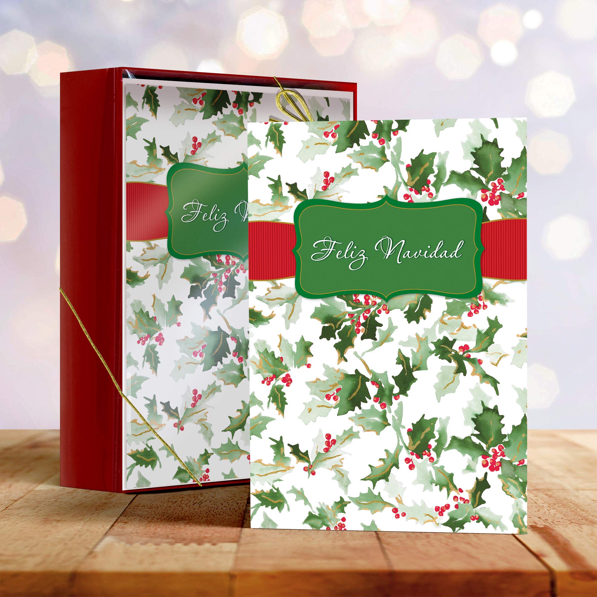 Designer Greetings Spanish Christmas Cards Box Set - 18 Gold Foil Embossed Navidad Greeting Cards with Envelopes | Hojas Navideñas & Holly Design | Perfect for Holiday Gifts, Office Greetings & Family Celebrations