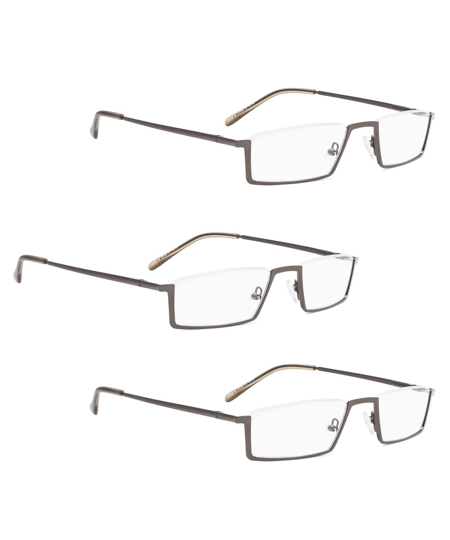 LUR Reading Glasses 3 Pack - Metal Half-Rim Readers for Men & Women (Gunmetal) | Lightweight & Durable Eyewear for Reading, Office, and Daily Use