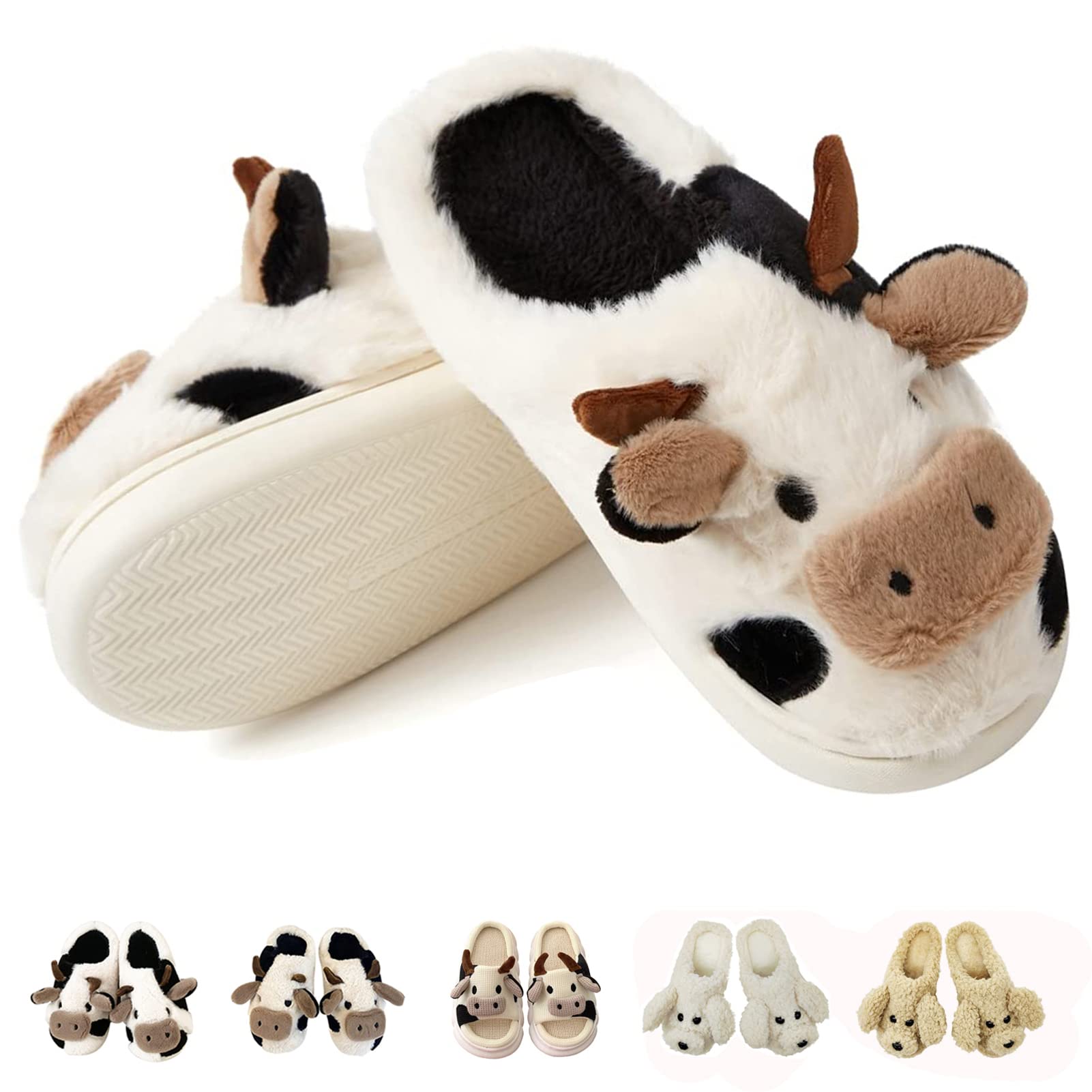 Women's Cute Cow Slippers - Fuzzy Warm Animal House Shoes with Non-Slip Sole | Cozy Teddy Dog & Plush Cow Design | Soft Indoor/Outdoor Slides for Home, Lounge & Backyard Comfort
